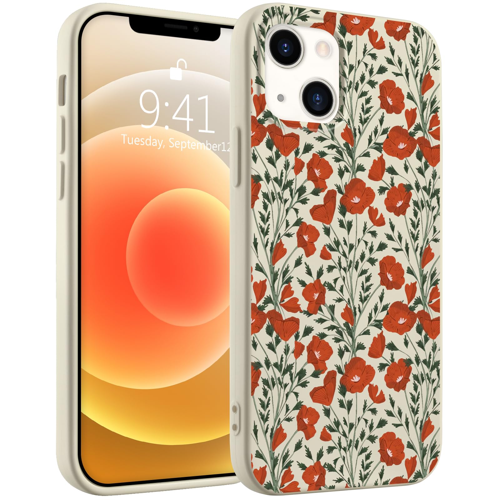 Idocolors Cute Poppy Flower Phone Case Compatible with iPhone 15,Floral White Liquid Silicone Case,Soft Gel Rubber Full-Bo...