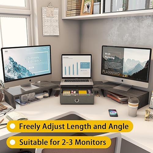 Miniatura 10 de WESTREE Soporte elevador triple para monitor doble con cajón, extra grande ajustable para 2  3 monitores, solt para teléfono y tableta, soporte