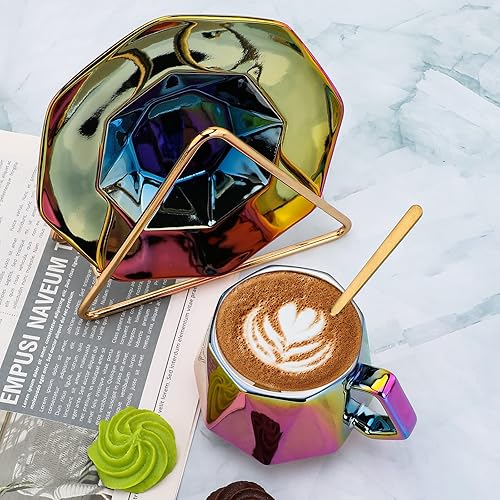 Miniatura 2 de Taza de café de cerámica creativa con platillo de diamante galvanizado y cuchara, taza de café novedosa con agarre cómodo para oficina y hogar, 8.5