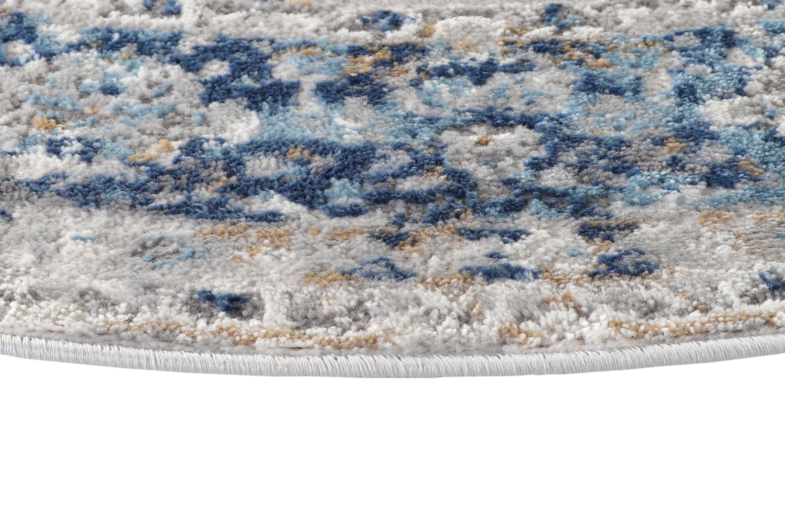 TAPISO Valley Rund Teppich Kurzflor Weiß Grau Blau Ornament 100 x 100 cm