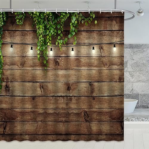 NYJSMYG Cortinas de ducha rústicas para puerta de granero, tablero de madera vintage, hojas verdes, plantas de vid con temática de campo, juego de