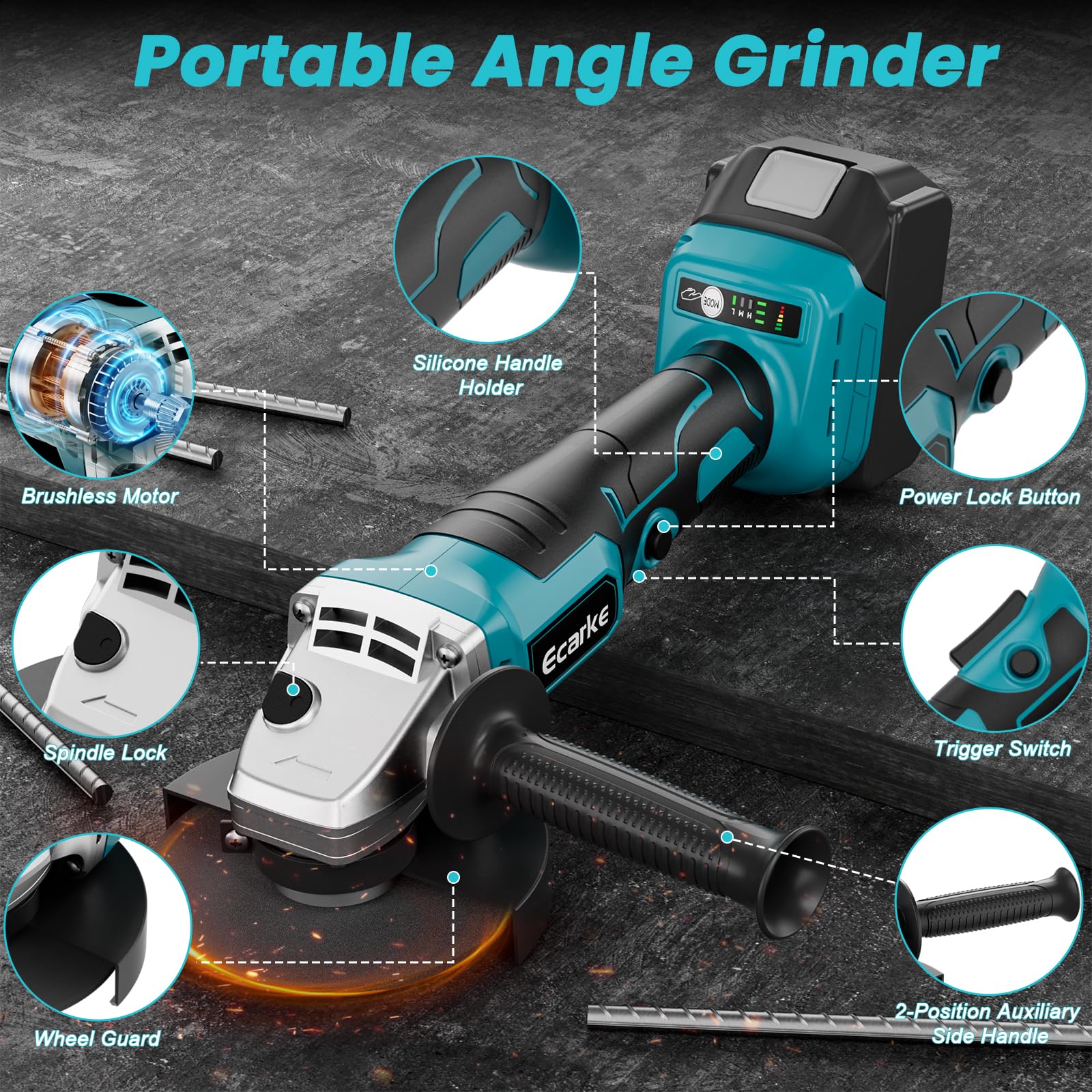 Ecarke Meuleuse d'angle sans fil pour batterie Makita 18V Li-Ion, meuleuse professionnelle sans balai 900W, 9000 tr/min, diamètre du disque 12,5 cm avec clé de meuleuse d'angle (sans batterie)