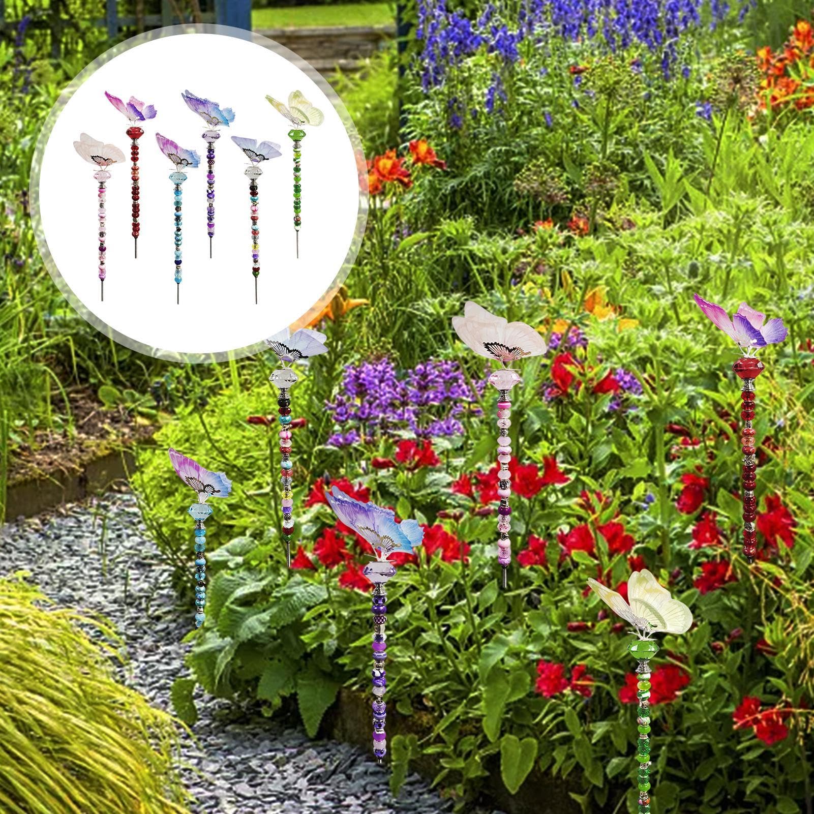 Fairy Garden Stakes Kit, akcesoria do dekoracji ogrodu, ogrodowego, ręcznie robione sztabki ścienne z 6 koralikami gwintowanymi, kryształami, orzechami i koralikami z otworami do