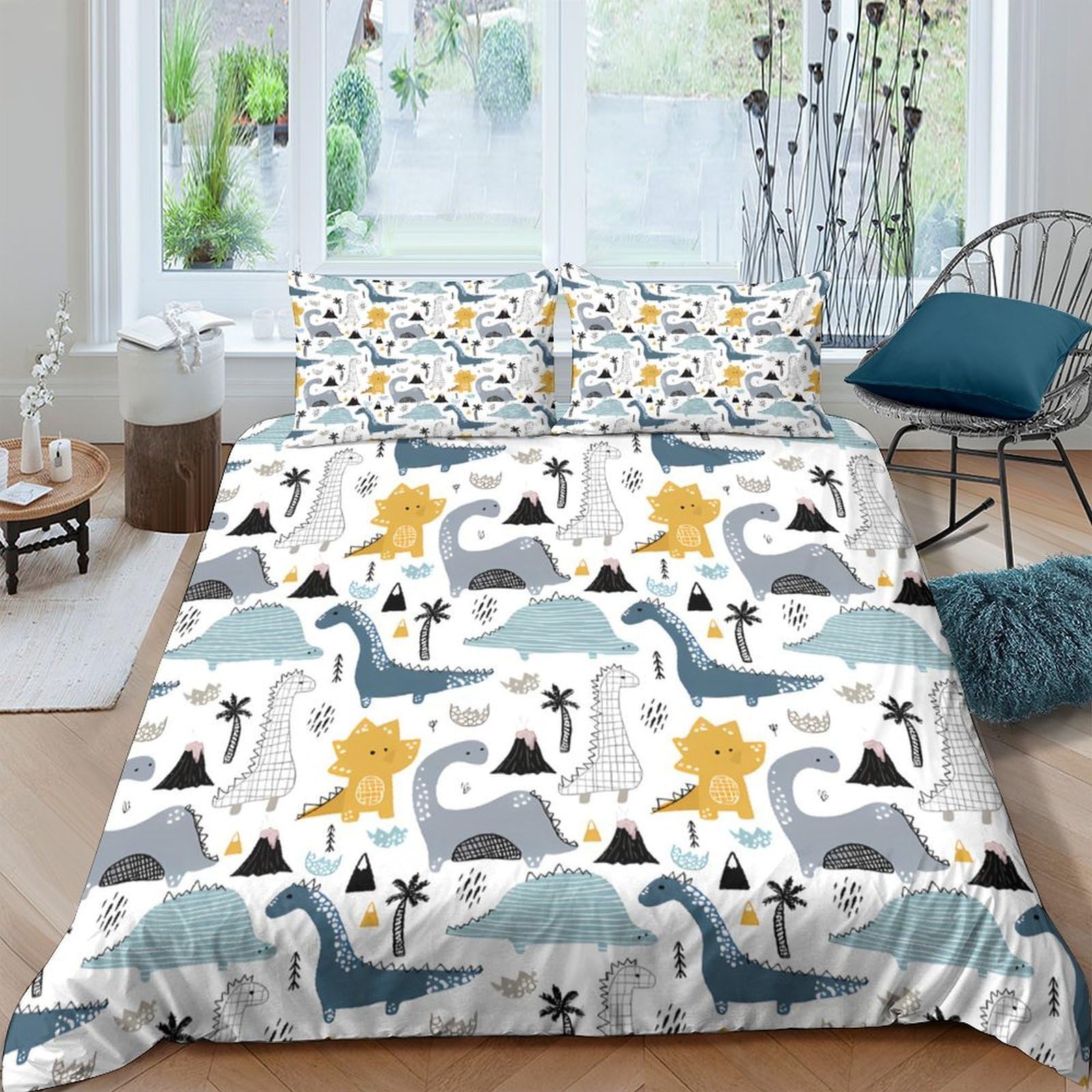 Ctjqhvkz Style-1 3D Printed Cartoon Dinosaur Fitted Sheet Microfiber Soft Blue Yellow Bed Cover For Bedroom Guest Room Decor Single（135X200cm）