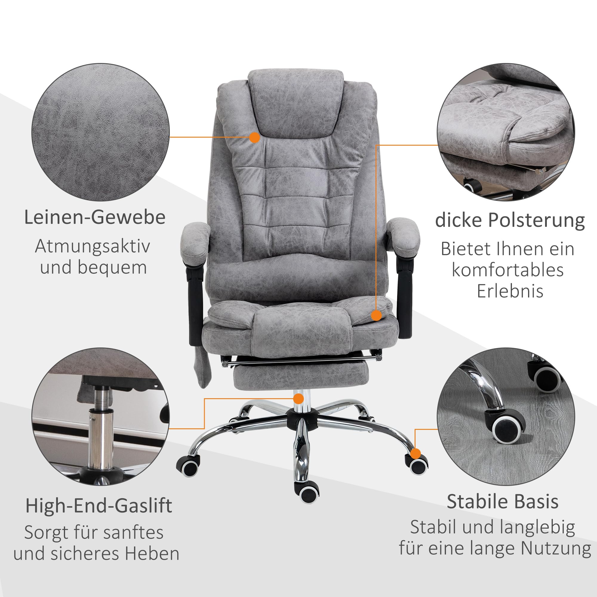 Vinsetto Bürostuhl mit Massagefunktion, Ergonomisch Schreibtischstuhl mit Liege- & Wärmefunktion, Fußstütze, Höhenverstellbar Computerstuhl mit Seitentasche und Fernbedienung, Mikrofaser, Grau