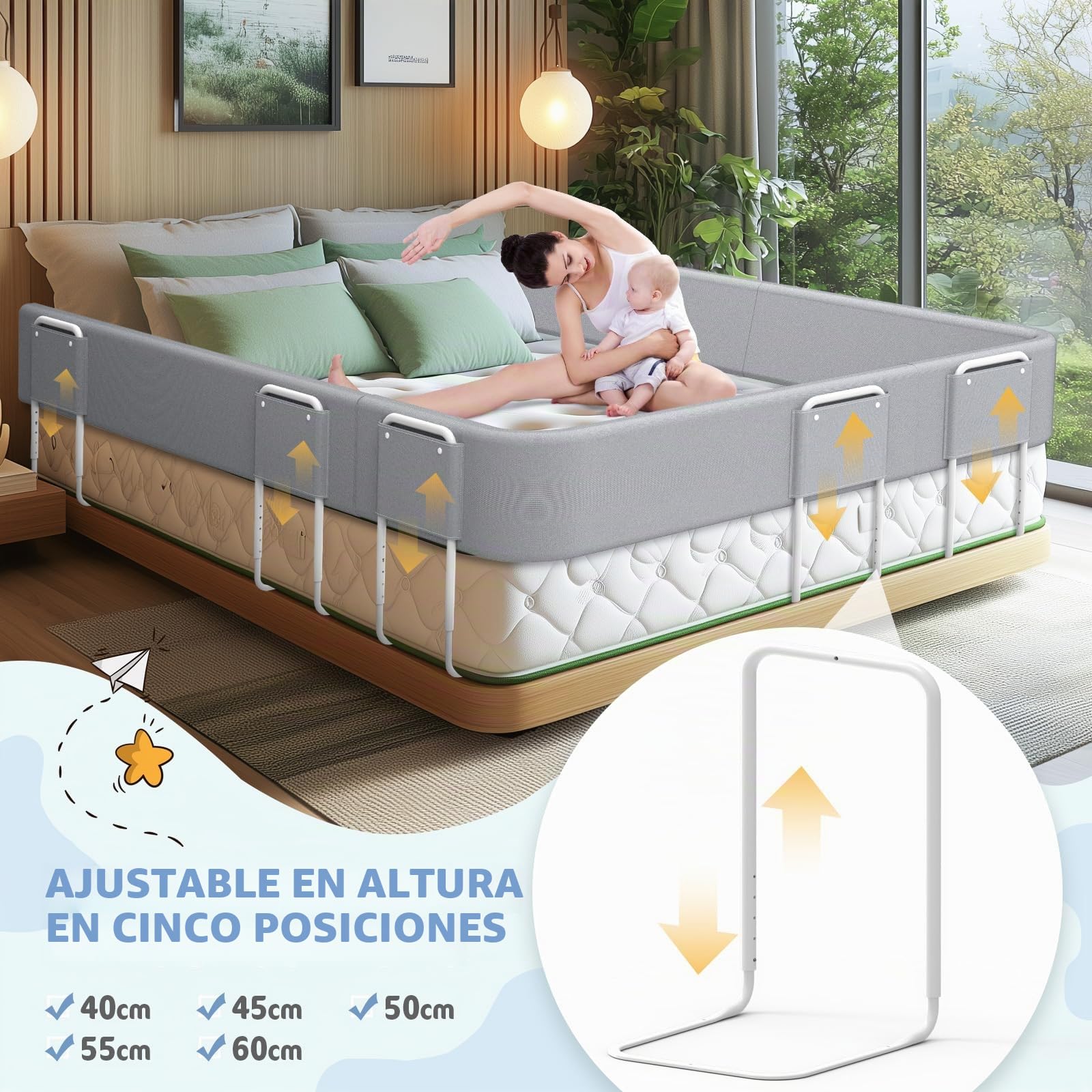 Barrera de Seguridad para niños – Barrera de Cama para niños con protección de Bordes, Seguridad para Cama Infantil, Altura Ajustable 40-60 cm, Desmontable, portátil, Gris, 180cm