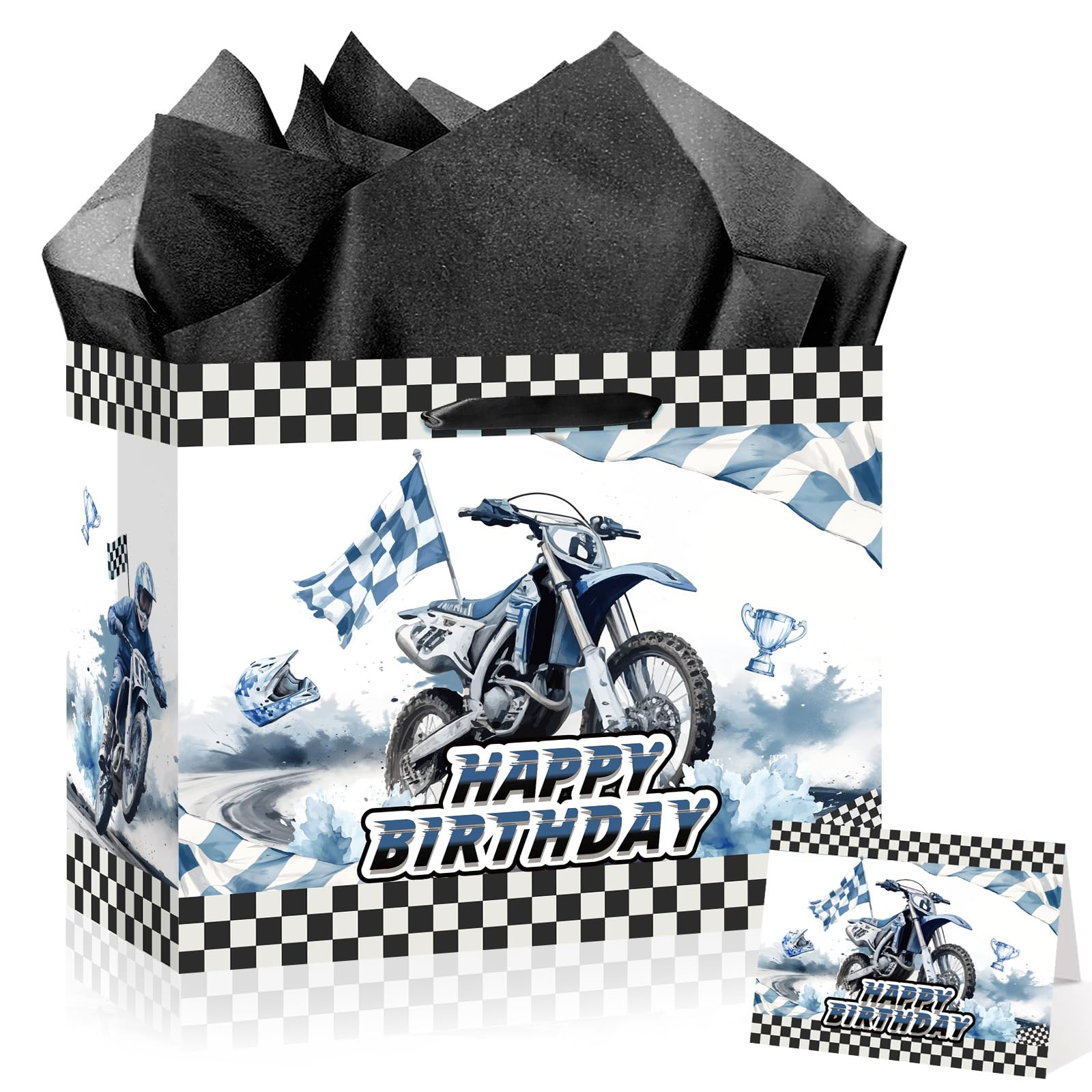 Yomaiha Dirt Bike Birthday Gift Bag for Boys Motocross Motorbike Wrapping Paper with Tissue Paper Greeting Card for Dirty Bike Birthday Party Decoration Supplies
