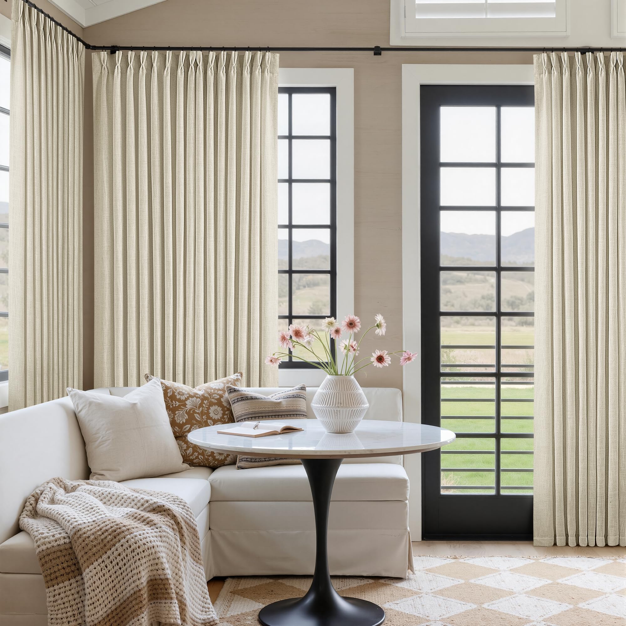 Extra Wide Pinch Pleat 100 x 90 Inch Linen Semi Sheer Curtains 1 Panel