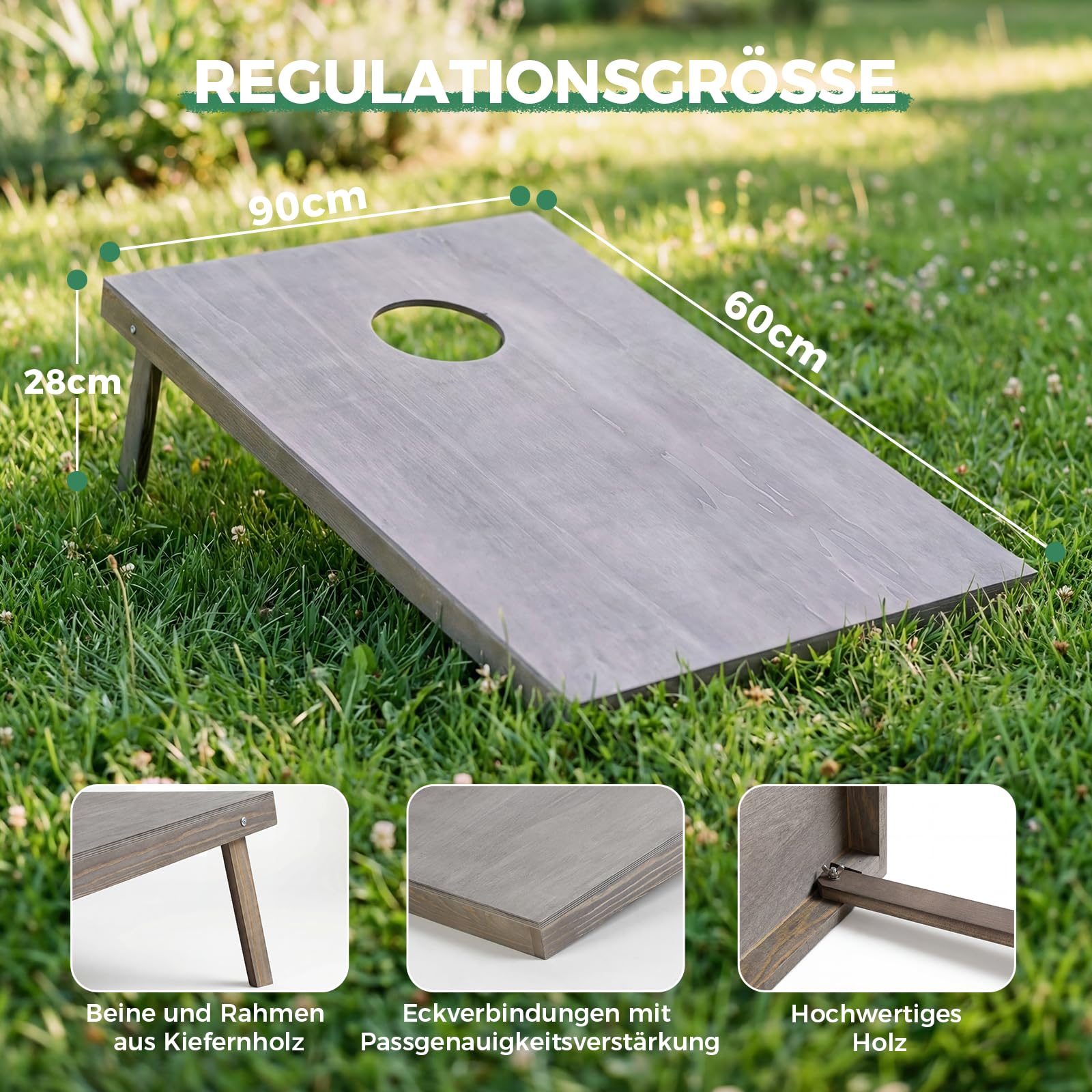 Cornhole Set Outdoor, 90x60cm or 120x60cm Echtholz Wurfspiel – Bean Bag Game mit 10 Säckchen & Tasche – Professionelles Sackloch Spiel für Erwachsene, Kinder, Garten, Strand