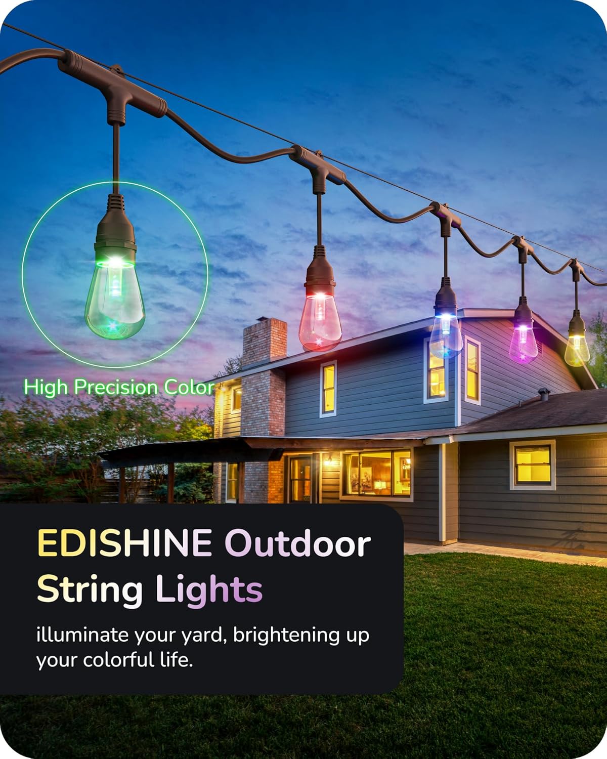 EDISHINE St. Patrick's Day/Easter 96ft Smart Outdoor String Lights, Color Changing Light 36 RGBW LED Bulbs, Compatible with Alexa, Waterproof WiFi Outdoor Lights for Party, Holiday Decor