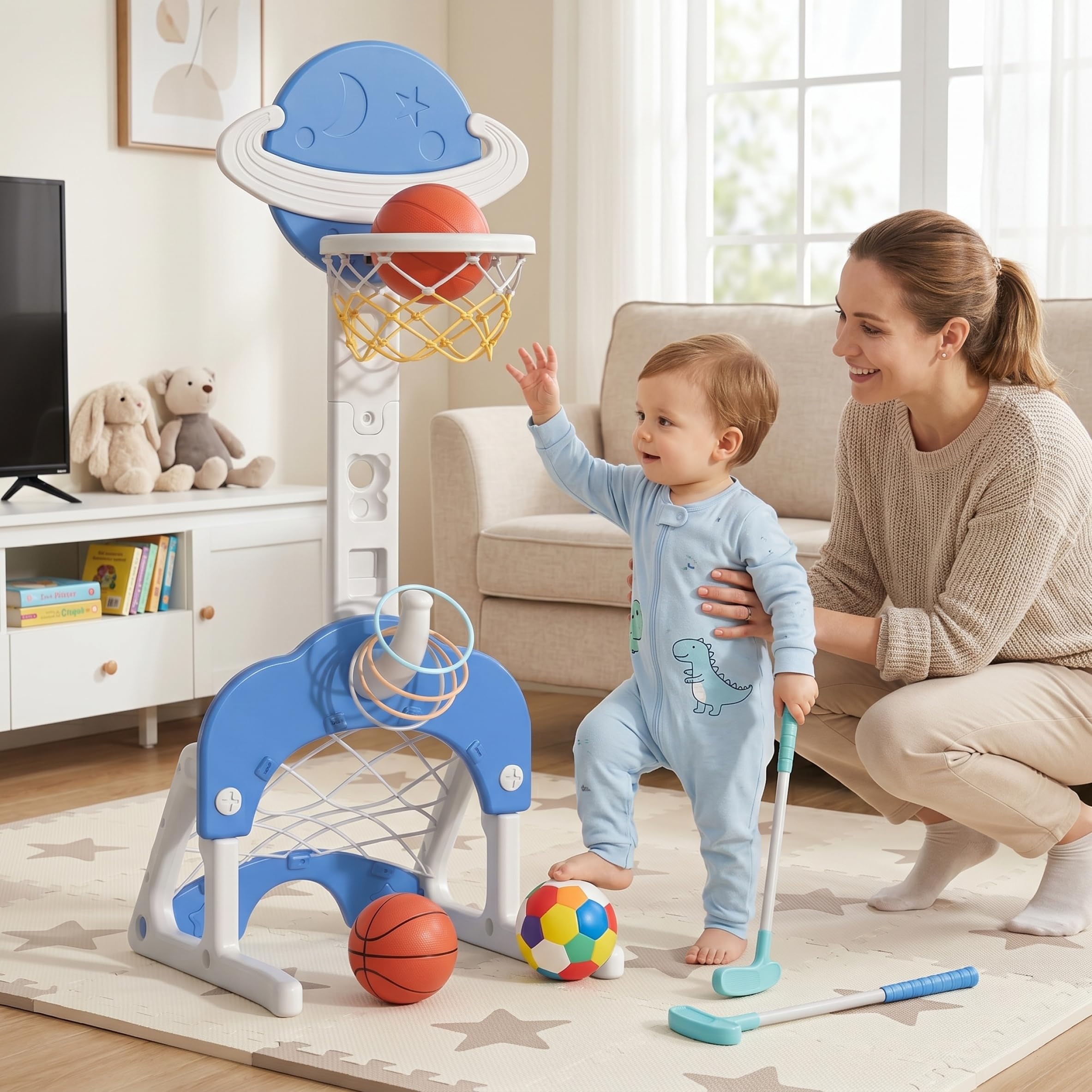 Canestro da Basket per Bambini e Supporto, Canestro da Basket per Bambini 3 in 1 con Calcio e Lancio dell'Anello Giocattolo Sportivo Divertente Regolabile in Altezza per Interni ed Esterni