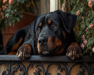 OKSGYTA Paint by Numbers, Rottweiler Dog Lying on The Porch, 16x20Inch Drawing with Brushes Winter Home Decor Christmas Gifts (Without Frame)