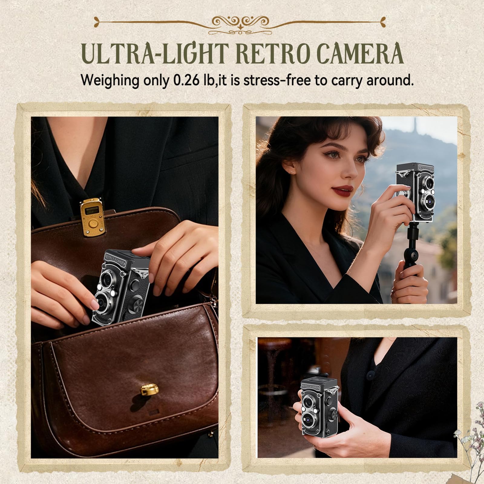 Mini Caméra Numérique Rétro, Caméra Vintage à Double Objectif 1080P FHD Vidéo 48MP Photos Autofocus Mini Caméra Vlogging avec Écran LCD de 1,54 Pouces, avec Carte Mémoire de 32 Go, Fonction de Vision
