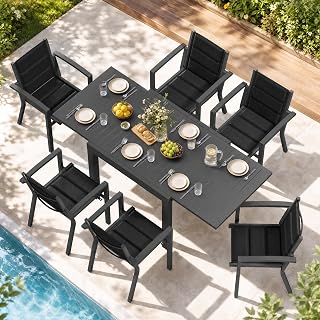JUMMICO Gartenmöbel Set Aluminium Balkonmöbel Set Terrassenmöbel Gartentisch Ausziehbar 6 Stühle mit 1 Tisch, Gartenstühle Stapelbar und Leicht