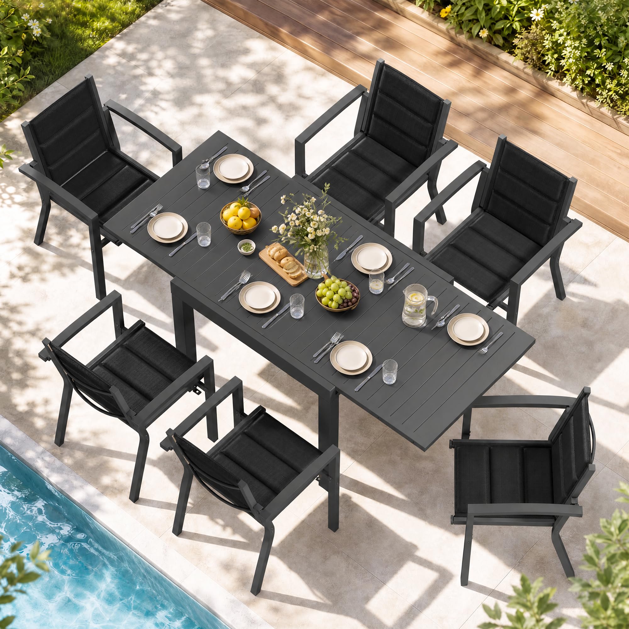 JUMMICO Gartenmöbel Set mit 6 Stühlen, Ausziehbarer Tisch 80–160 x 80 cm, Aluminium Balkonmöbel, Schnelltrocknende Sitzpolster, Bis 150 kg Belastbar, für Garten Balkon Terrasse Küche, Haushalt & Wohnen