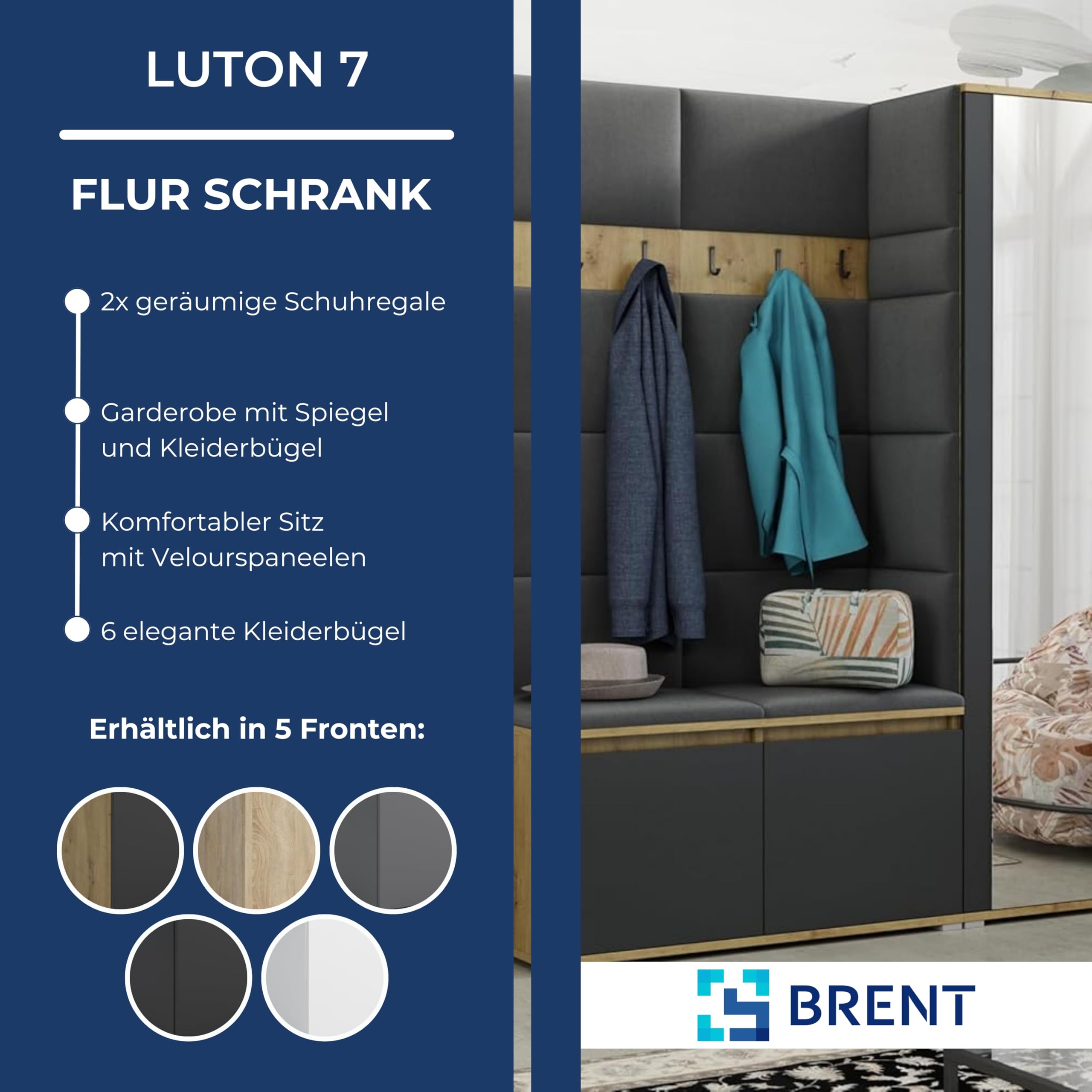 Brent Garderobenschrank Flur Schwarz mit Sitzbank 145 cm Breit Luton 7 Multifunktionale Flurgarderobe Set mit Stauraum und Wandpaneel