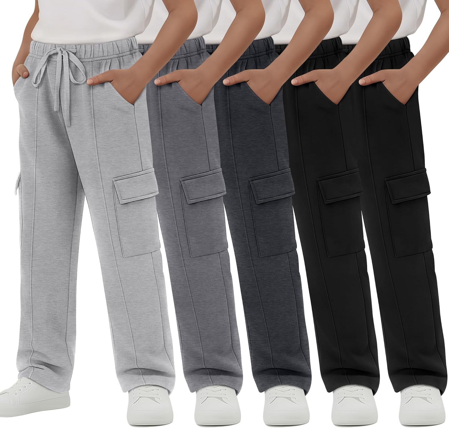 5 Pack Boys' Cargo Sweatpants Straight Leg Joggers Open Bottom Baggy Pants with Multi Pockets for Years 6-16