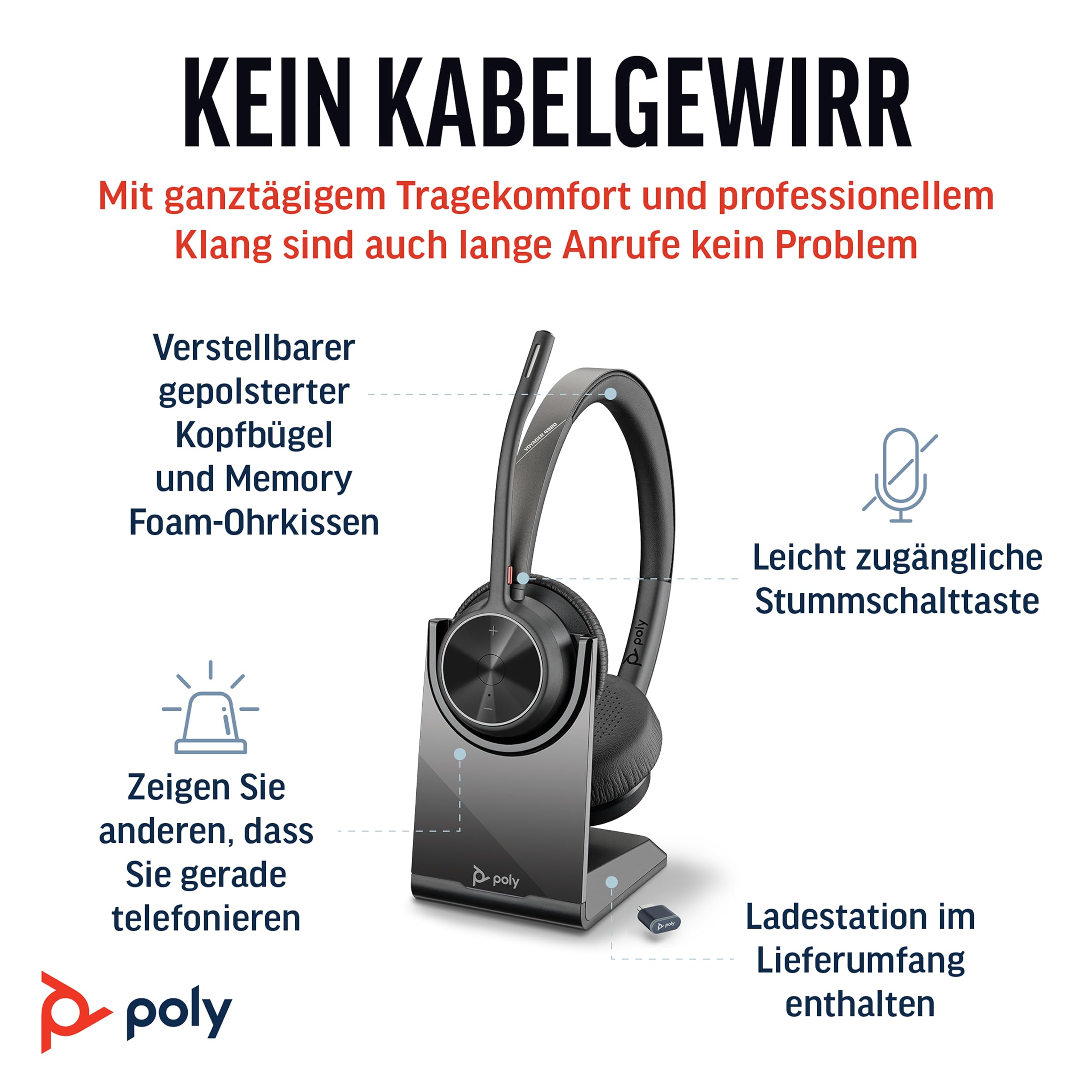 Plt Schnurloses Poly Voyager 4320 UC-Headset und Ladestation – Stereo-Kopfhörer mit Noise Cancelling-Mikrofonarm – Verbindung mit PC/Mac/Mobiltelefon über Bluetooth – Kompatibel mit Teams – Bild 2