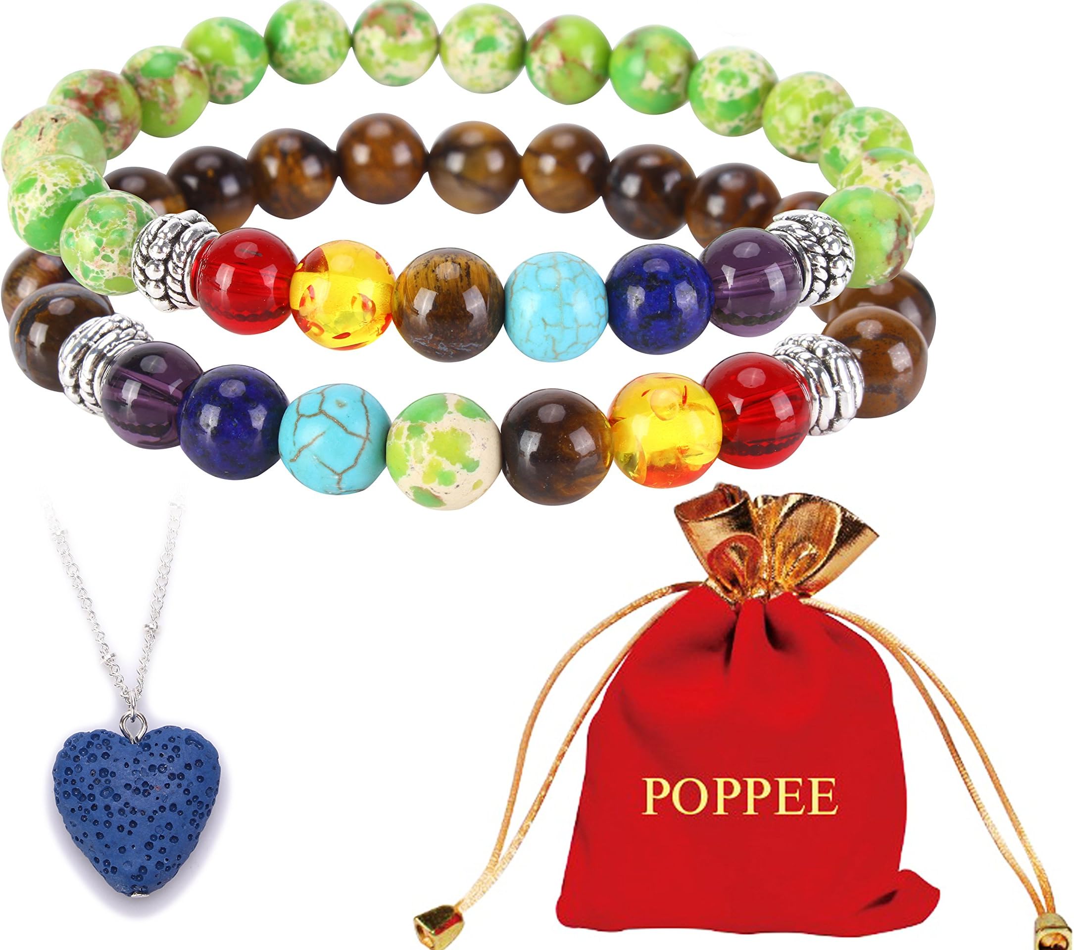 poppee The Chakras Bangle Natural Stone Budhi Seed Mala Handmade Tibetan Buddhist Prayer Beads Bracelet Bangle for Yoga Men and Women (Set of 2 7 Chakra (6) Imperial Stone and Tigers Eye)