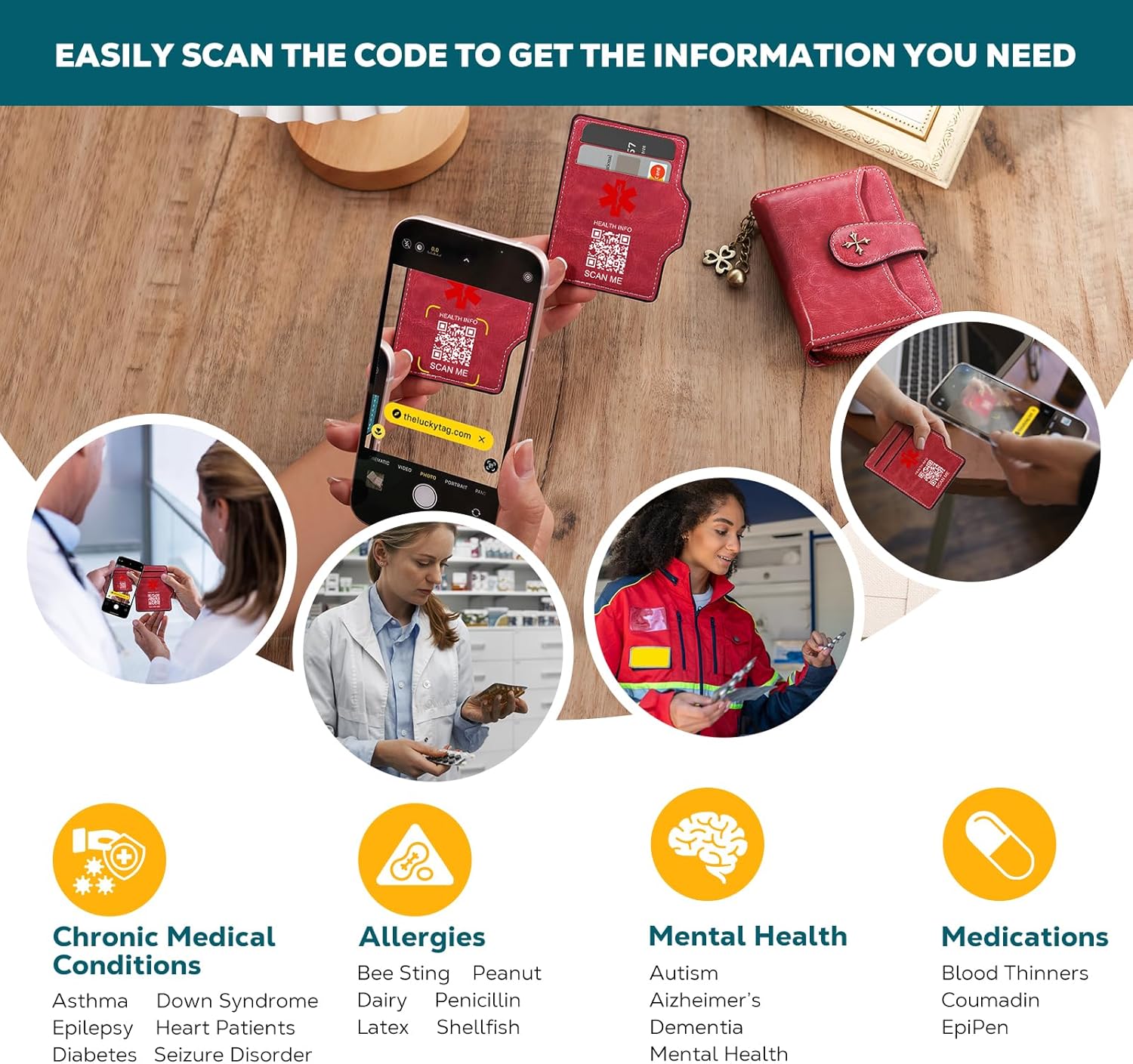 Small Wallets for Women with Chain Zipper Coin Pocket - Leather Bifold Card Holder Women Wallet with Set of 8 RFID Blocking Sleeves - Built-in Medical Alert QR Code for Custom Health Profile