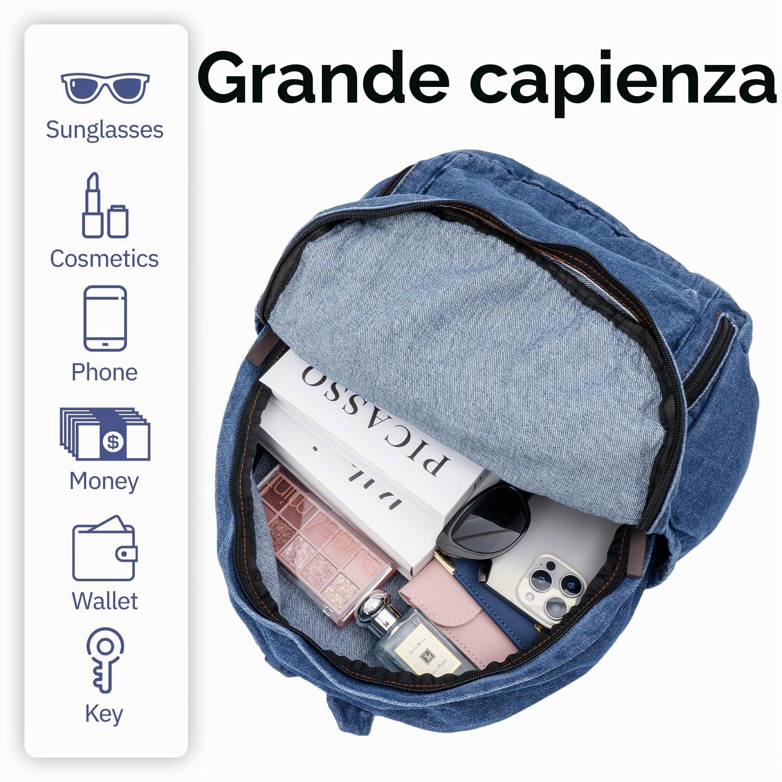 Zaino in tela jeans vintage, leggero, estetico, per pendolarismo e pendolarismo regolabile, per computer portatile, stile casual, da viaggio, per lavoro, scuola