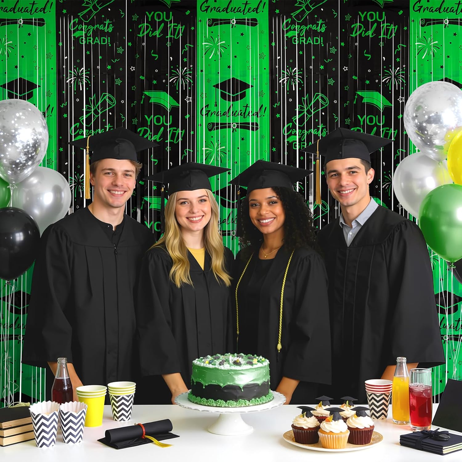 2 Pack Black Green Graduation Foil Fringe Curtain Backdrop, 3.3 x 6.56 FT Tinsel Streamer with Graduation Cap Print, Class of Party Decorations Photo Booth Backdrop for Grad Party Supplies image 5
