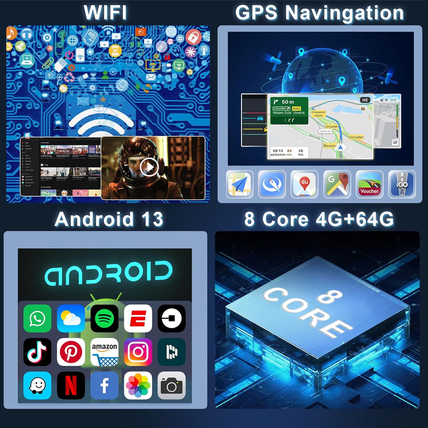 Screenshots showing the car stereo's WiFi connectivity and GPS navigation interface with a map displaying a route.