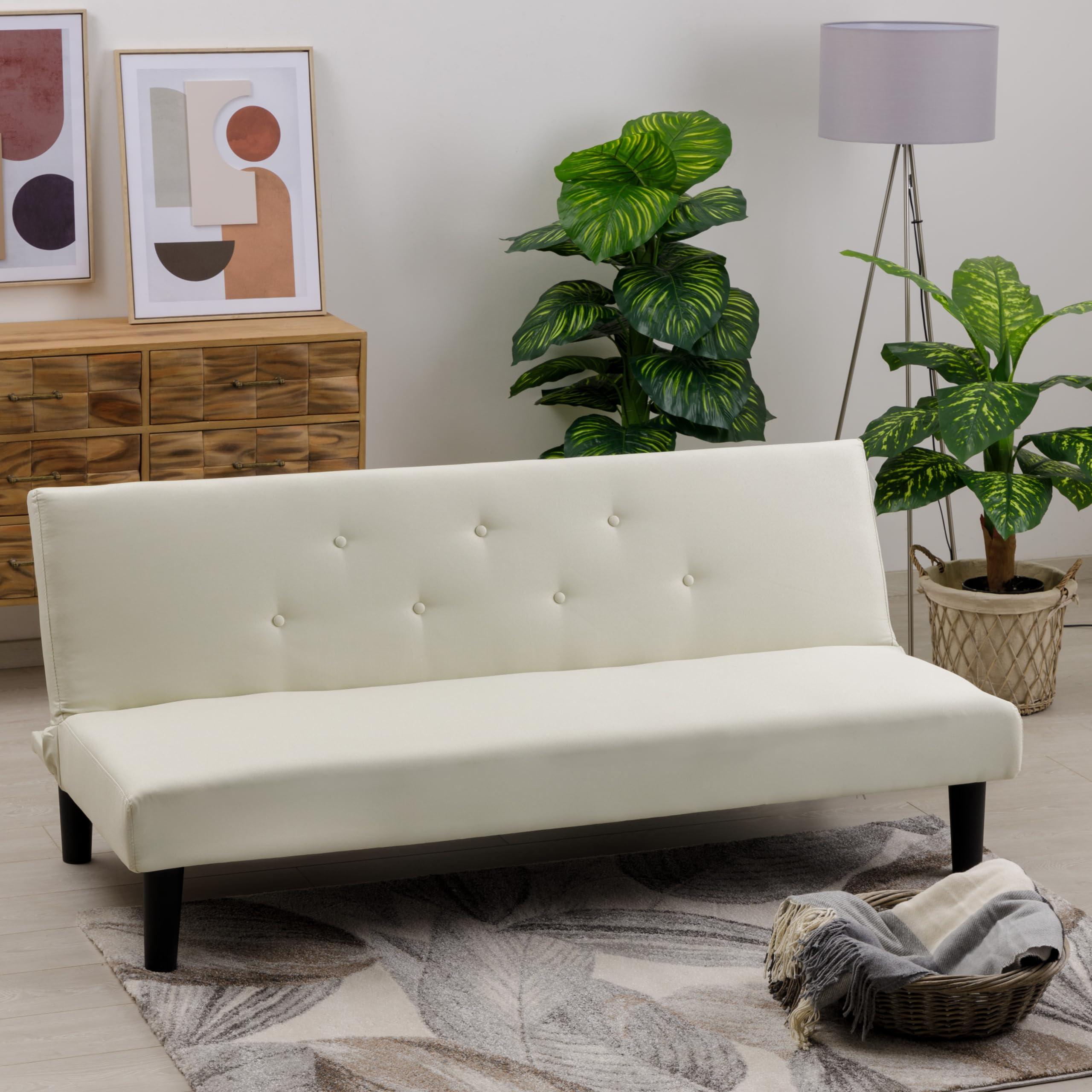 Baroni Home Canapé-Lit Clic Clac en Tissu 3 Places Convertible en Lit Rembourré, Sofa Inclinable avec Pieds en Plastique pour Salon, Chambre d'amis, Ouverture 93 cm, 167x70x77 cm, Crème
