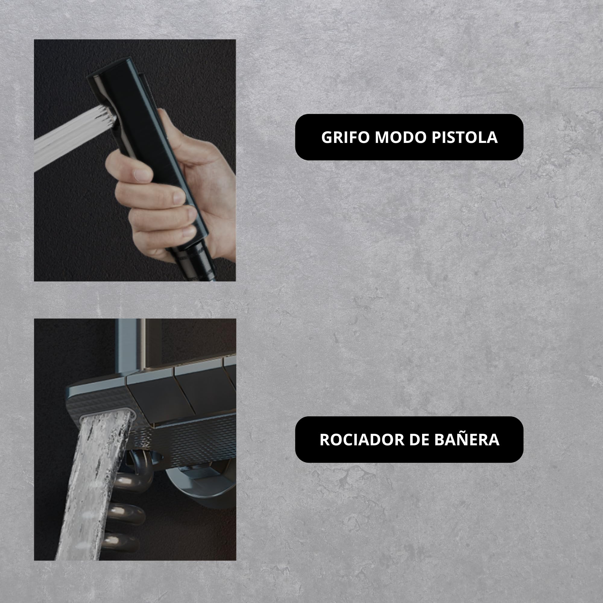 Columna Ducha Negra con Grifo. Alcachofa modo Lluvia. Ducha de Mano con 3 Modos SPA. Grifo para Llenar Bañera y Pistola de Limpieza con Manguera. Construido en Acero Inox y PVC. LED Temperatura