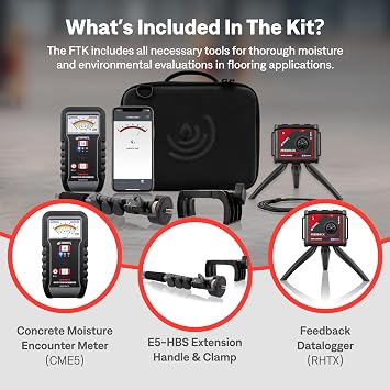 Tramex Flooring Installer Tech Kit FTK | Moisture Meter CME5, Ambient Feedback Datalogger DL-RHTX & Contact Temperature Probe | Measure Moisture, Relative Humidity, Temperature & Dew Point of Concrete