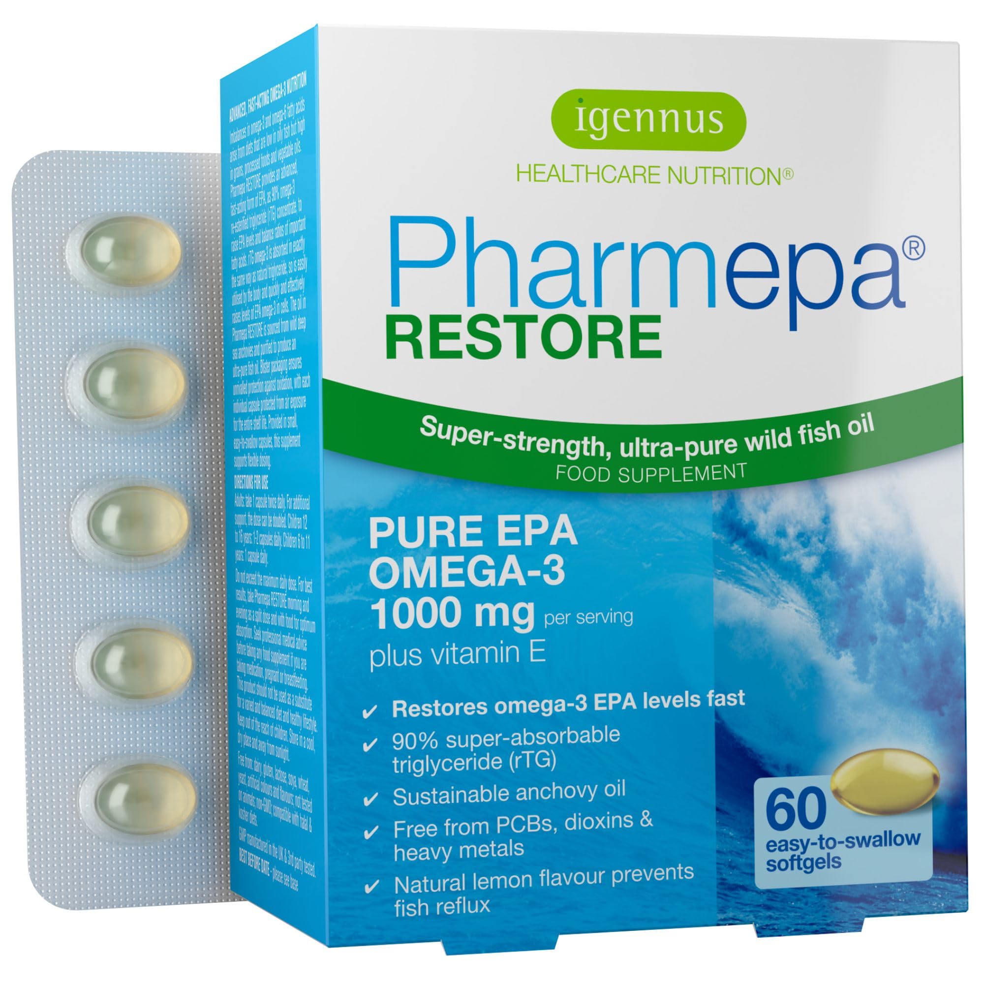 Pharmepa RESTORE Oméga 3 EPA 1000 mg, Concentré à 90%, forme rTG, Huile de Poisson Sauvage Ultra Pure, 60 capsules, Certifié IFOS, Goût Naturel de Citron - par Igennus
