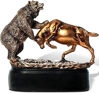Bull and Bear Statue, Wall Street Bull Figurine, 9x9.5 Stock Market Decor Sculpture, Resin with Bronze-Like Finish, Finance Gifts for Traders and Investors