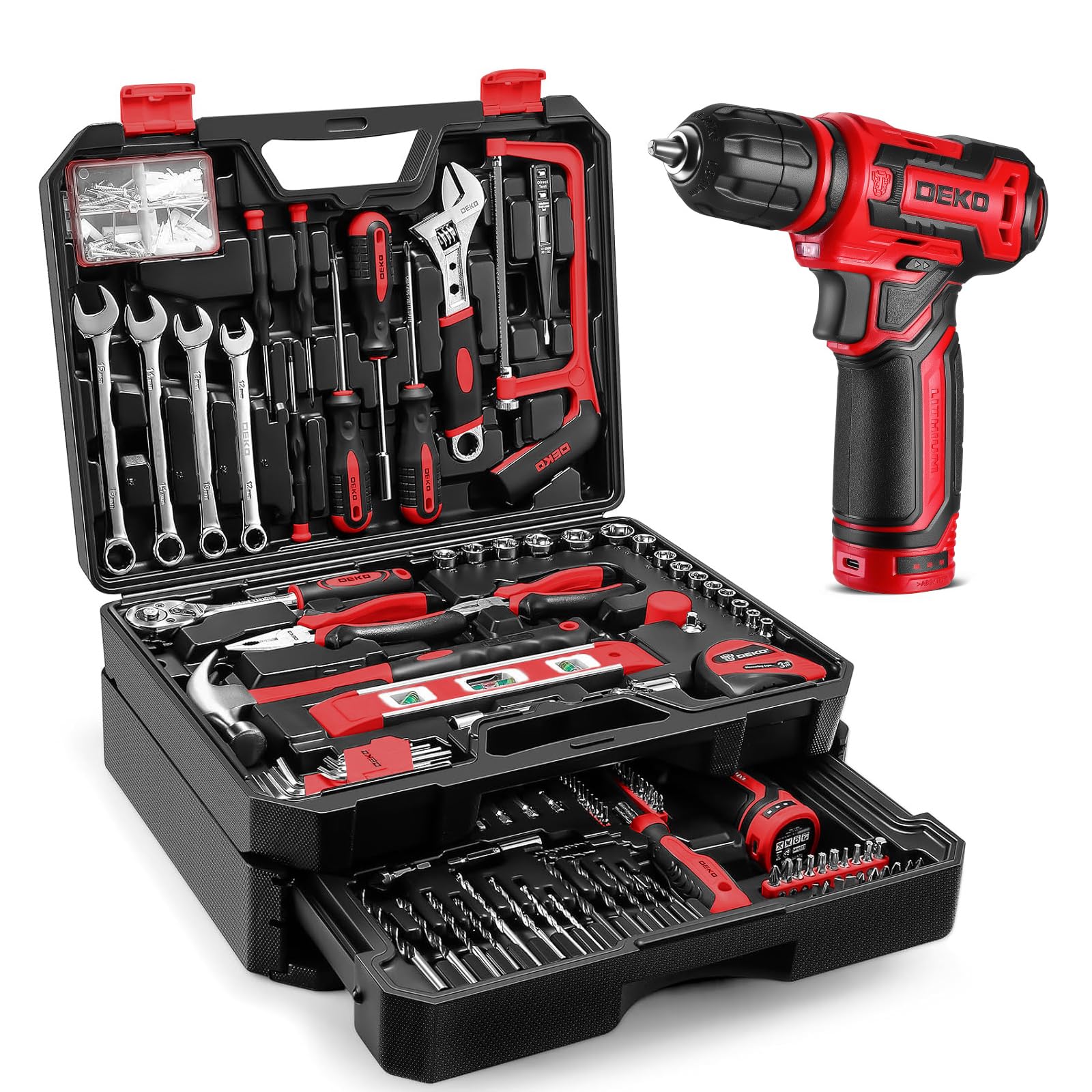 DEKO Caisse à Outils 238 Pièces avec Visseuse Sans Fil 12V 12N.m 800RPM - Boîte à Outils Rouge
