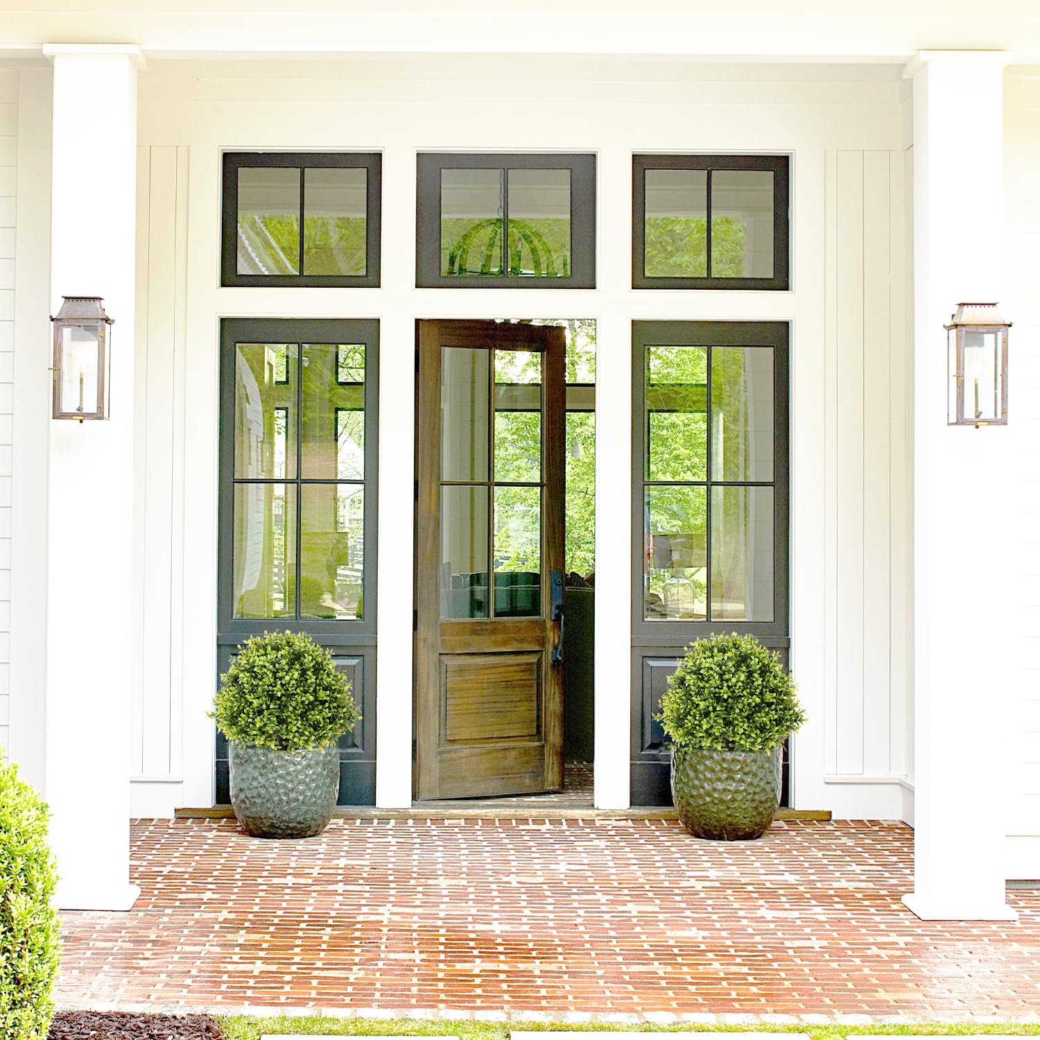 27" Faux Boxwood Plants Outdoor Set of 2, UV-Resistant Topiary Trees Artificial Outdoor, Realistic Fake Evergreen Bushes & Shrubs for Planters Front Porch Outside Decor 2.3ft