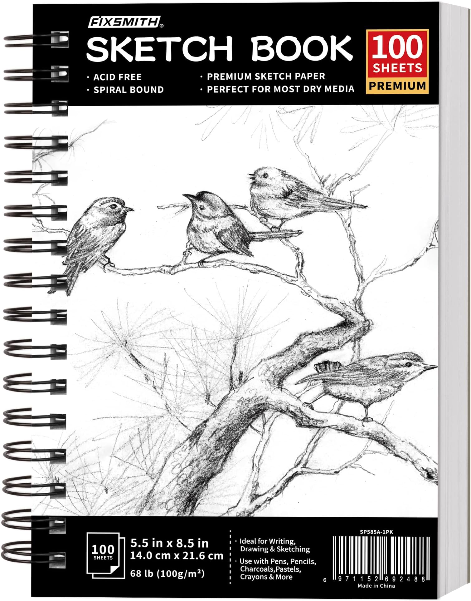 FIXSMITH 5.5"X8.5" Sketch Book | 100 Sheets (68 lb/100gsm) Sketchbook| Acid Free Drawing Paper | Spiral Bound Artist Sketch Pad | for Kids, Beginners, Artists & Professionals | Bright White