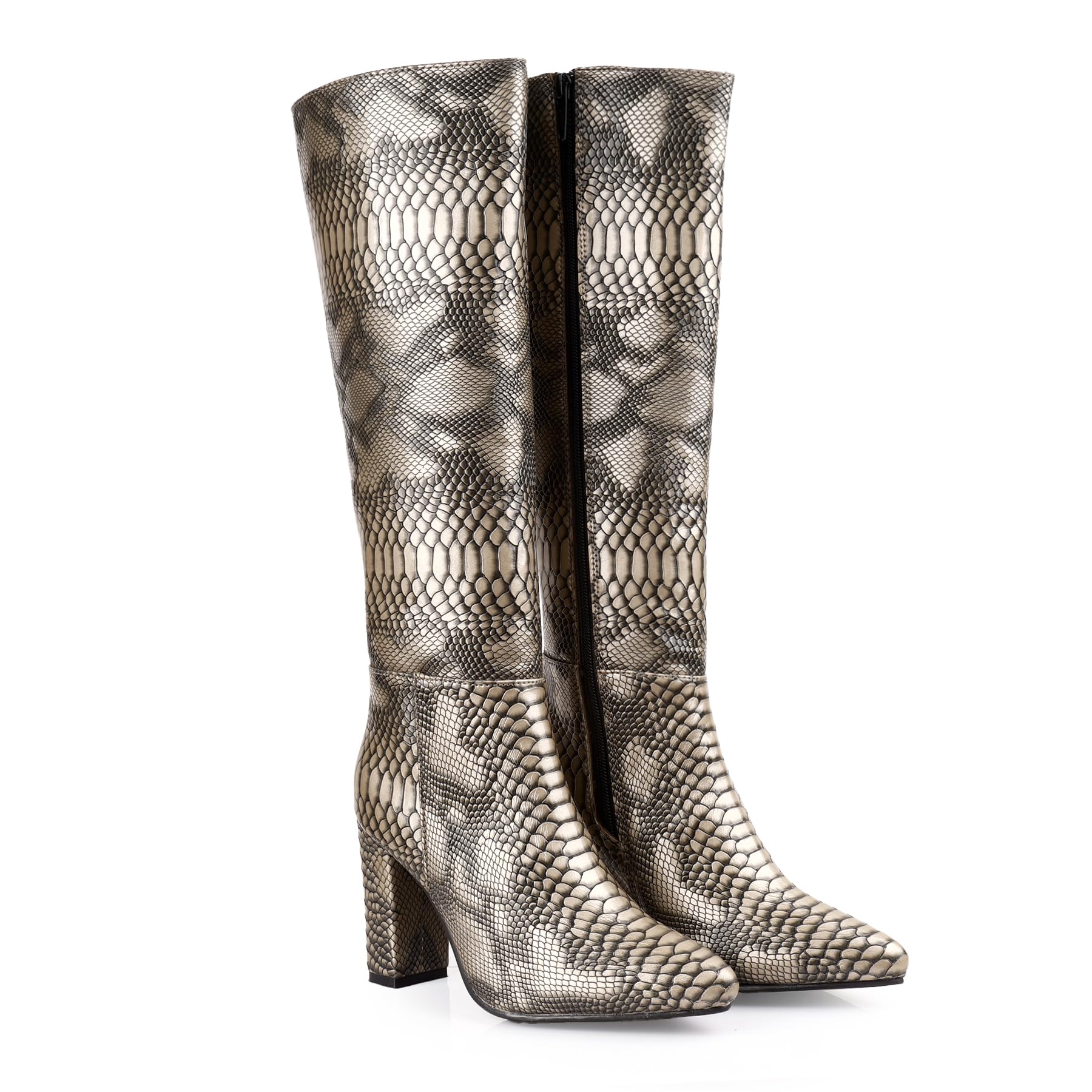 Women’s 3.5 Inch Block Heel Height Premium Faux Leather Trendy Snakeskin Knee-High Boots