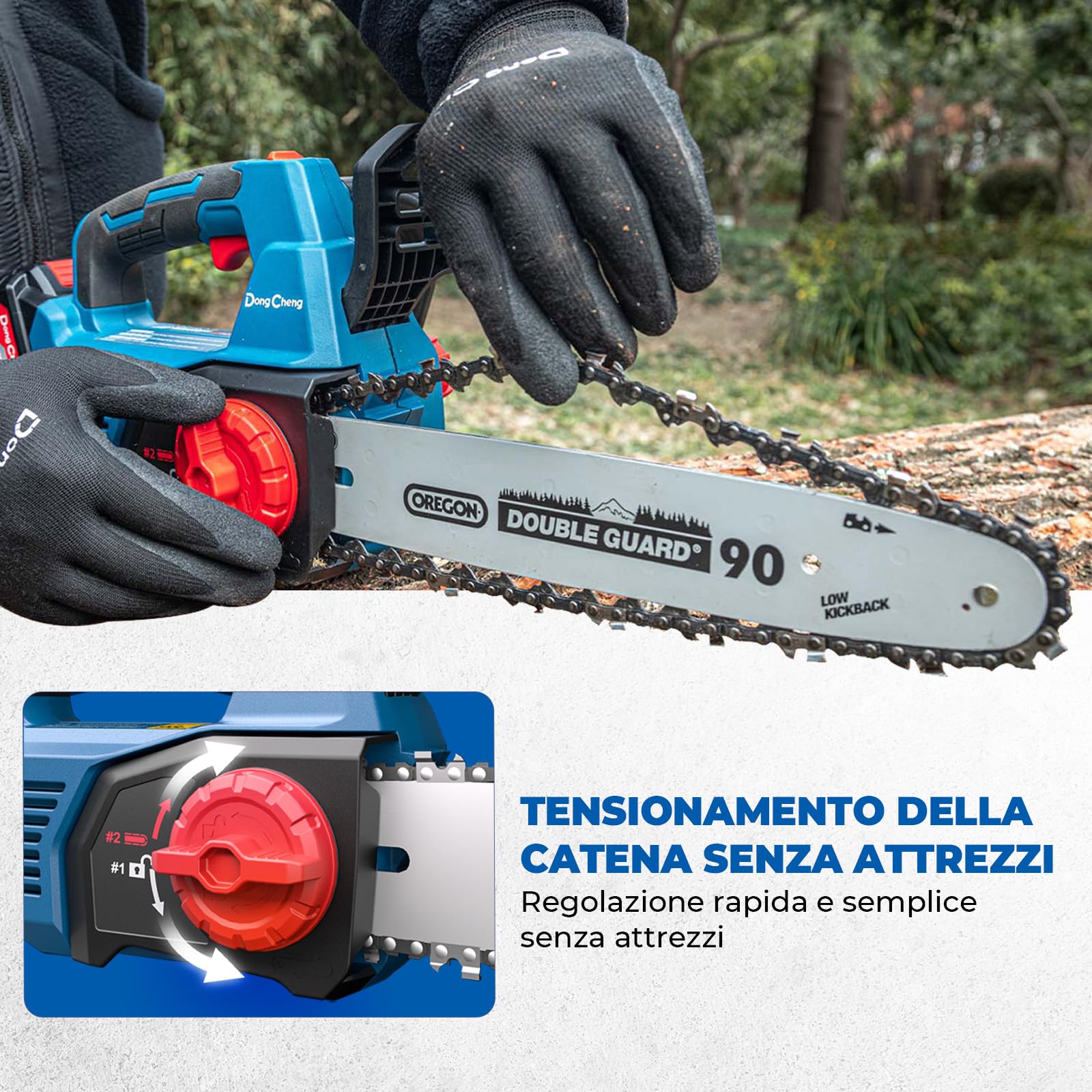 DongCheng Motosega a batteria 20V, brushless, 12 m/s, lama OREGON 30cm, 2x4,0Ah. Tendicatena senza attrezzi, lubrificazione automatica, 2kg (senza batteria), Giardino, legna, potatura