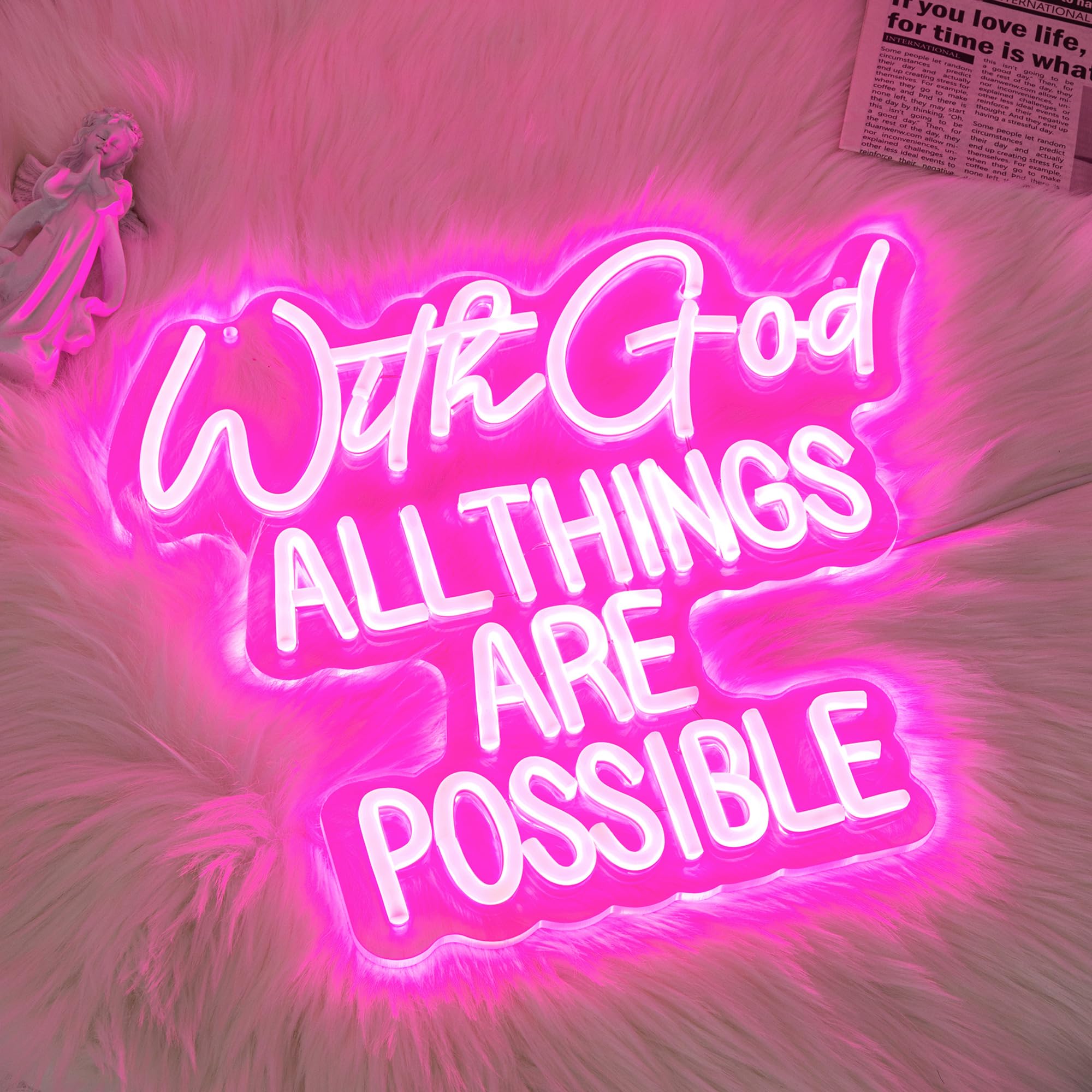 Neonowy znak "With God All Things Are Possible" Bóg do dekoracji ścian, litera LED, neonowy znak, różowy, LED, możliwość ściemniania, neonowe znaki do sypialni, na ślub, do dekoracji kościoła