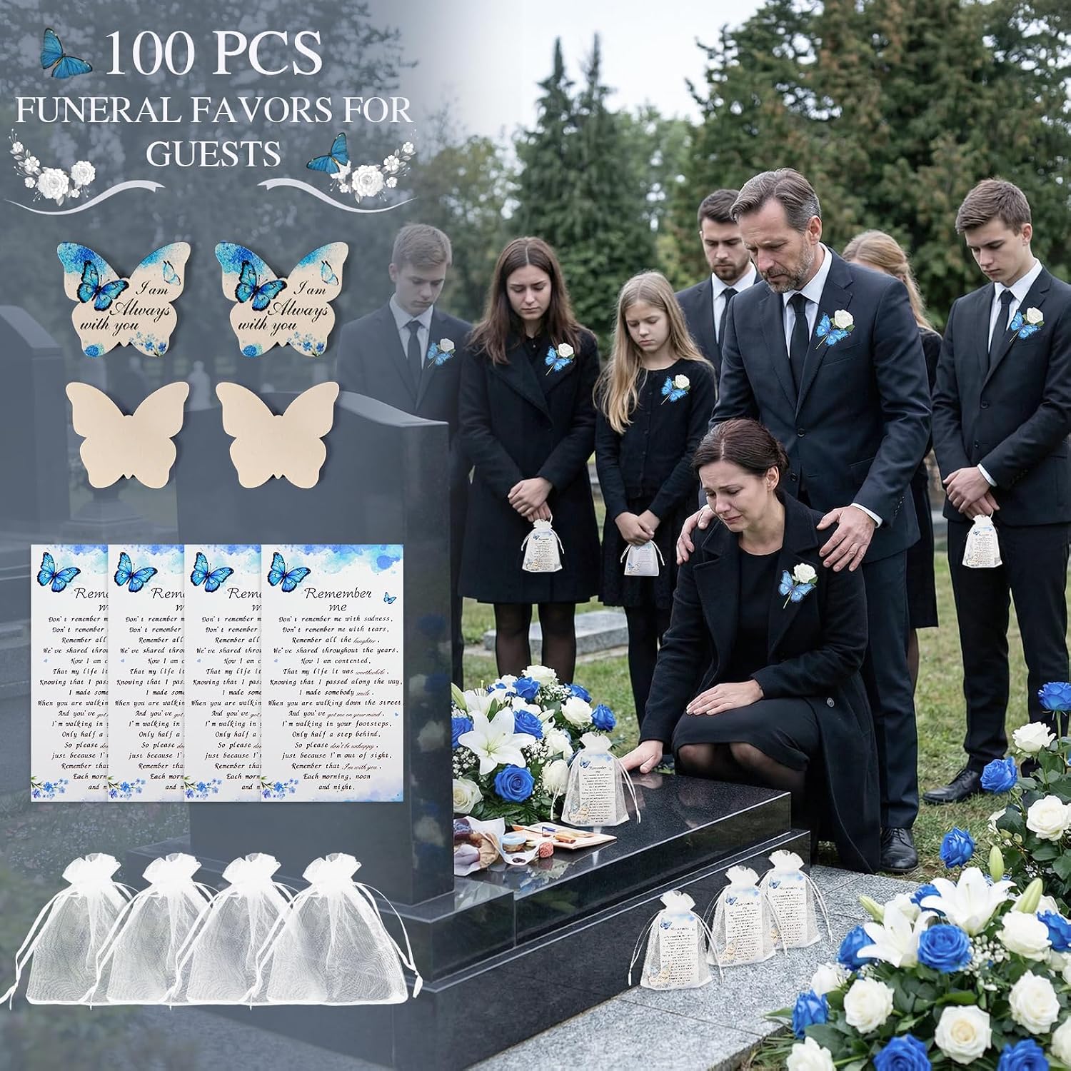 OurWarm 100 Sets Funeral Favors for Guests, Celebration of Life Favors Wooden Butterfly Pocket Hug Token with Funeral Prayer Cards and Organza Bags, As Memorial Gifts and Funeral Decorations