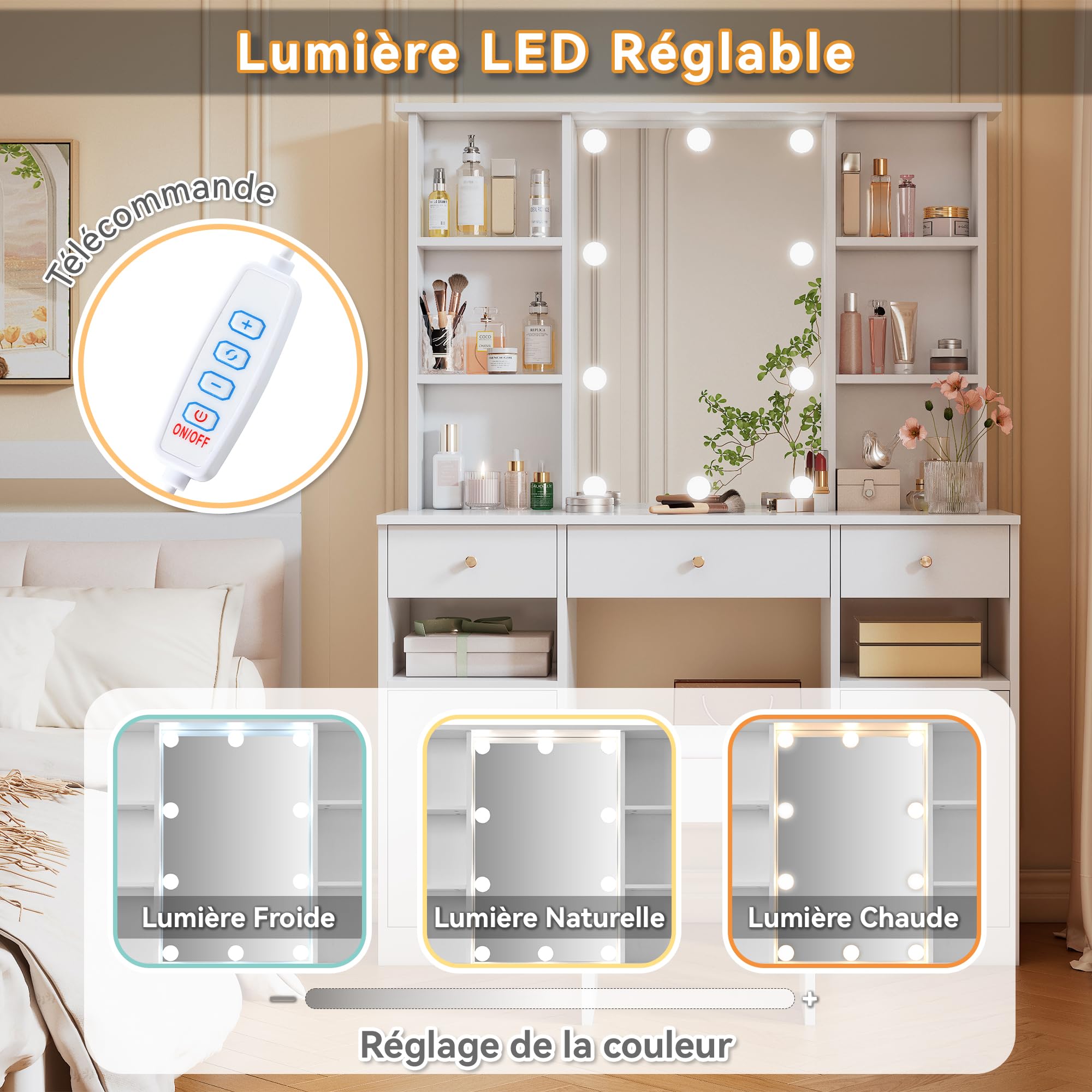 Große Schminktisch mit Verstellbaren LED-Beleuchtung, Make-up Tisch mit Spiegel & Hocker, 110×40×151cm, Schminktisch-Set mit 3 Schubladen und 2 Türen für Schlafzimmer, Weiß