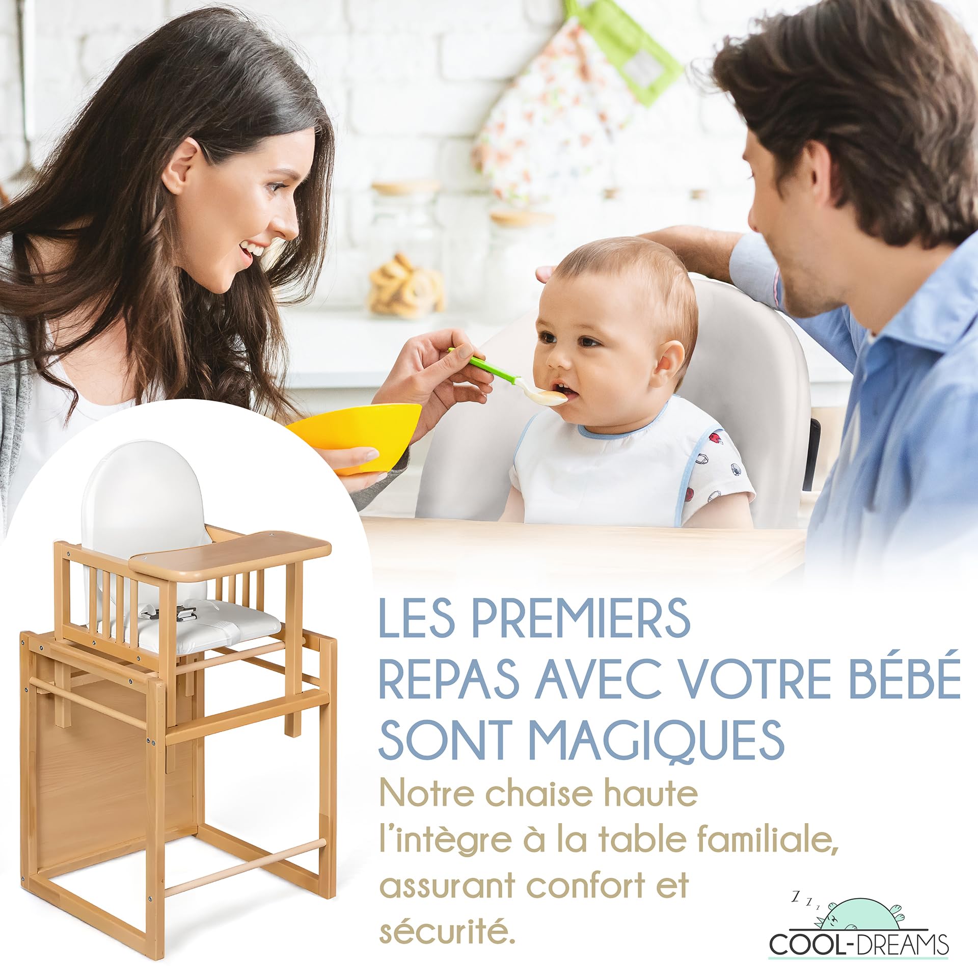 Chaise haute évolutive portable Evoluonge pour bébé en bois de hêtre Convertible en table et en chaise haute Assise rembourrée CoolDreams