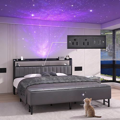 Miniatura 11 de Base de cama de tamaño matrimonial con proyector de estrellas y estación de carga, plataforma tapizada de piel sintética con cabecera de