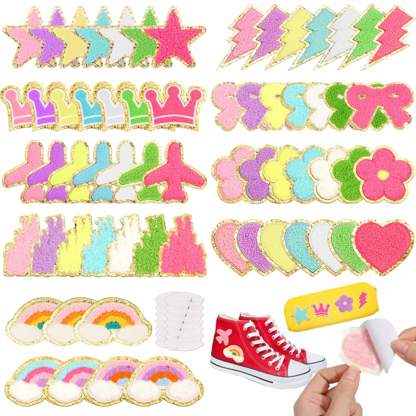 60 parches de felpilla autoadhesivos, coloridos parches bordados de felpilla con purpurina para ropa, chaqueta de tela, bricolaje, mochila, decoración de reparación