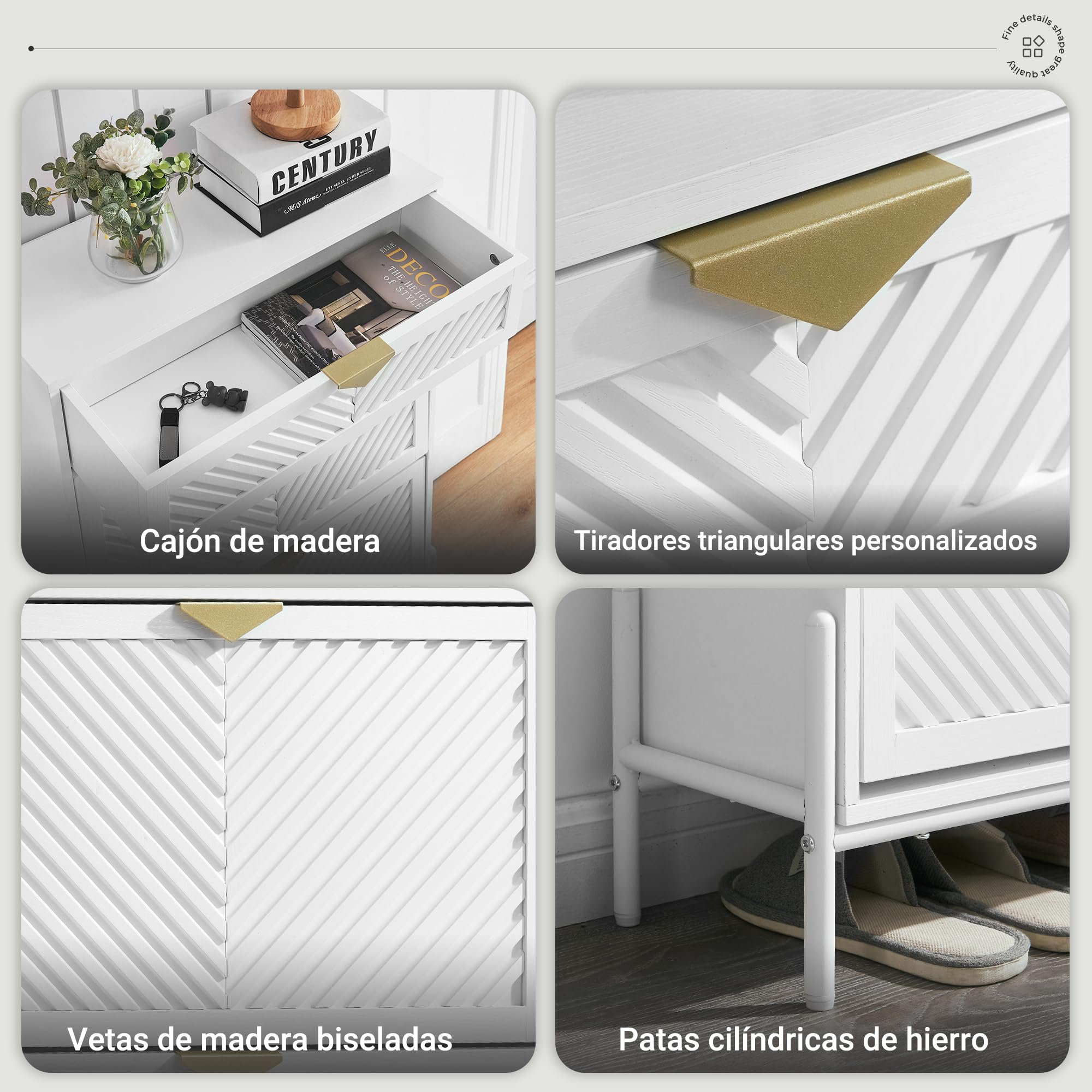 Armario Zapatero Estrecho 2 Cajones Abatibles Recibidor, Blanco | Veta madera inclinada, independiente, compartimentos ajustables, estante central extraíble, tiradores dorados, pasillo, hall