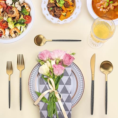 Miniatura 6 de Juego de cubiertos de 20 piezas para 4, cubiertos dorados con mango negro, vajilla duradera de acero inoxidable 188, incluye cuchara tenedor y