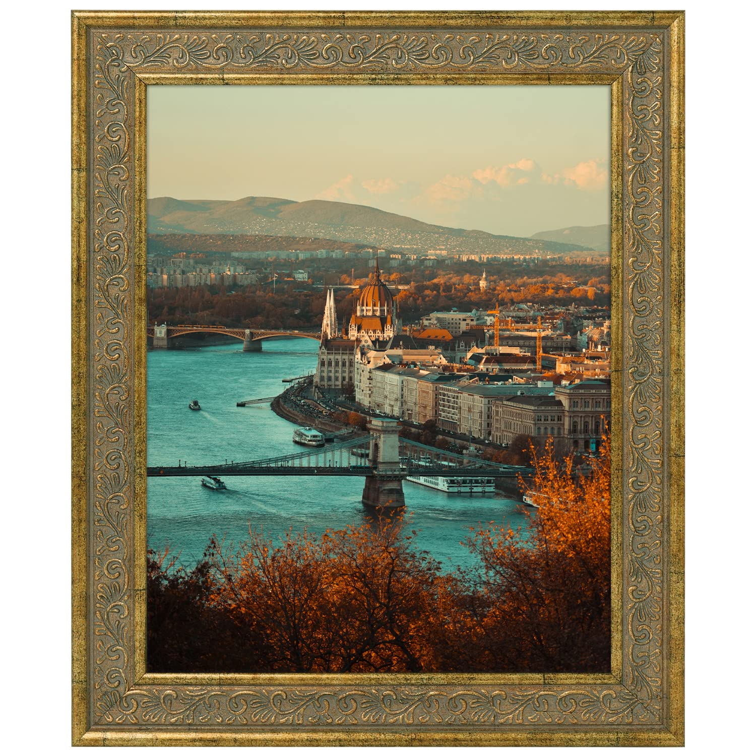 Golden State Art, 8X10 Ornate Finish Photo Frame, Distressed Gold Color, Real Glass