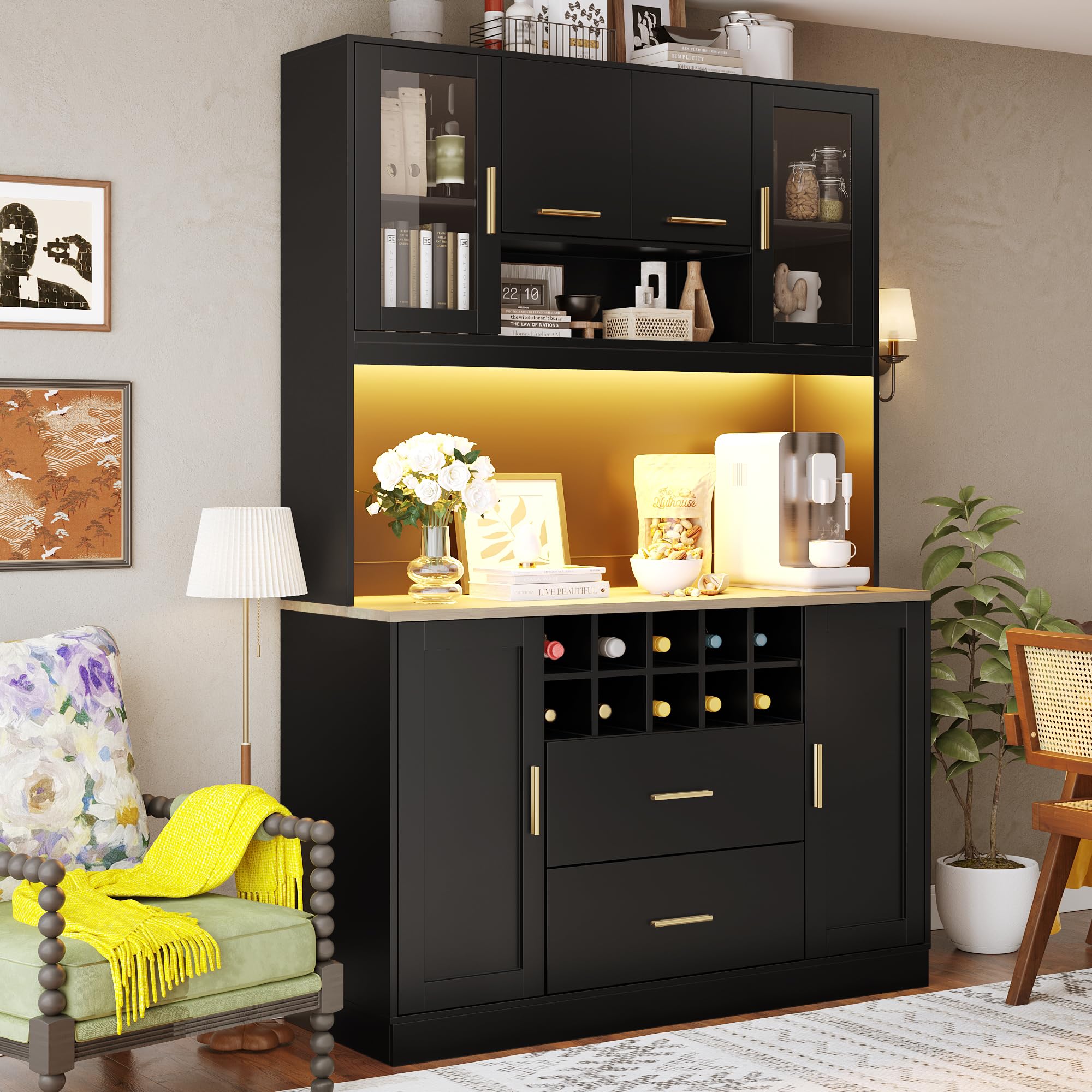 Armoire de cuisine haute 120 x 36 x 180 cm, buffet avec éclairage LED et prise, buffet de cuisine, avec étagère à vin et plusieurs étagères, armoire de rangement pour cuisine, salon (noir)