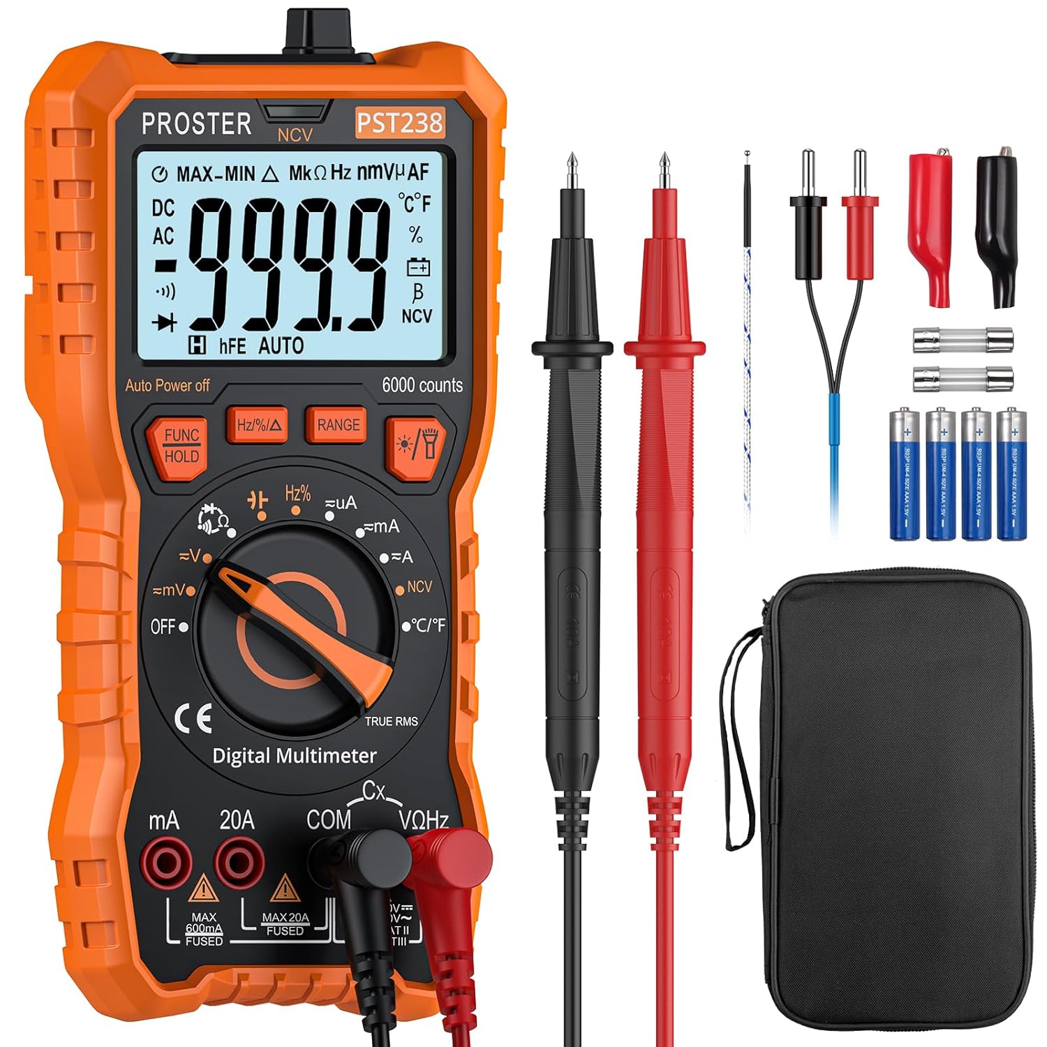 Proster 6000 Counts TRMS Digital Multimeter Auto-Ranging Tester NCV Detector AC/DC Voltage Current Resistance Capacitance Frequency