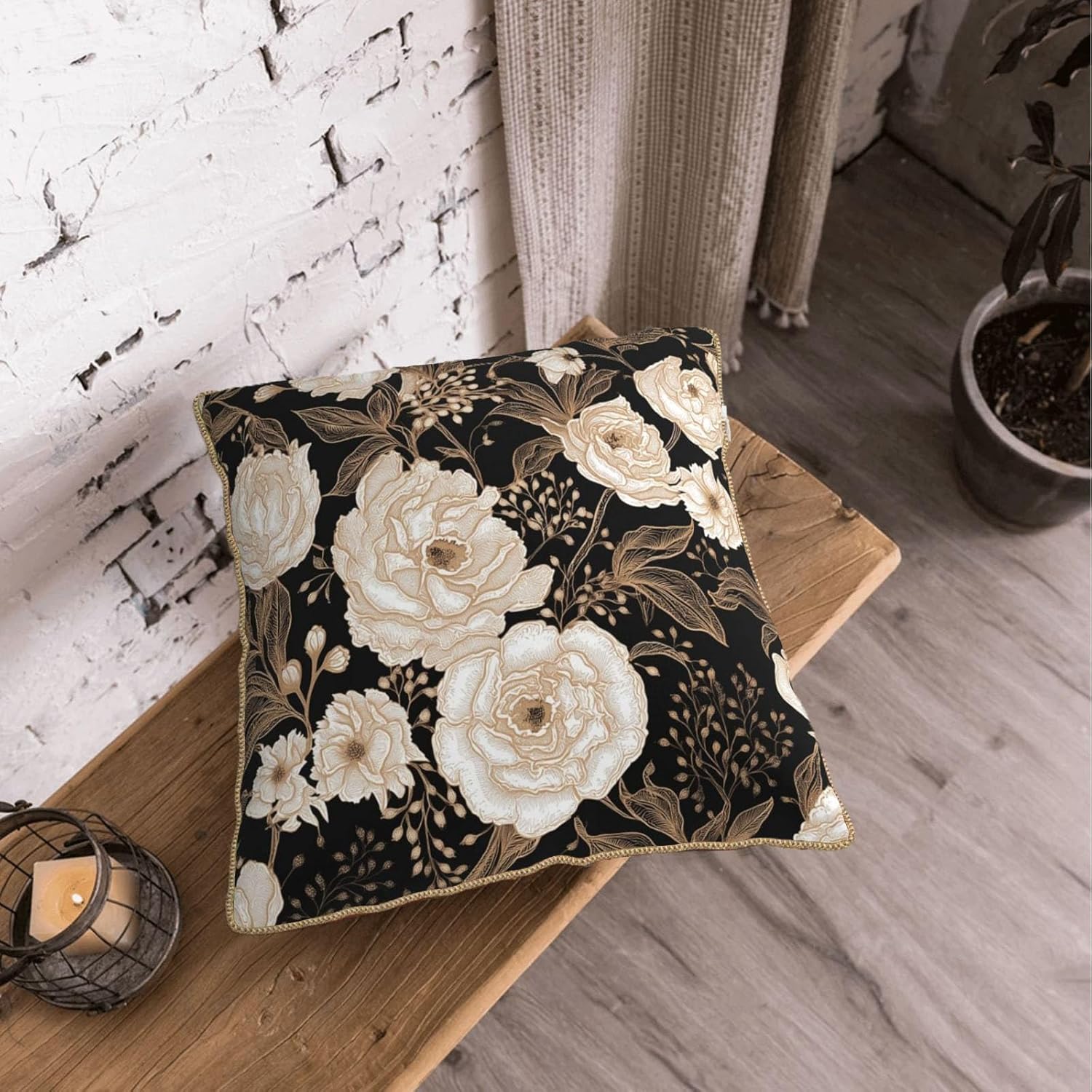 Vintage Peonies Roses Flower Velvet Pillow Covers 18x18 Inch Gold White Aesthetic Floral Leaves Throw Pillows For Couch Cushion Covers Pillowcase Farmhouse Pillow Cases for Sofa Bed Living Room - Image 5