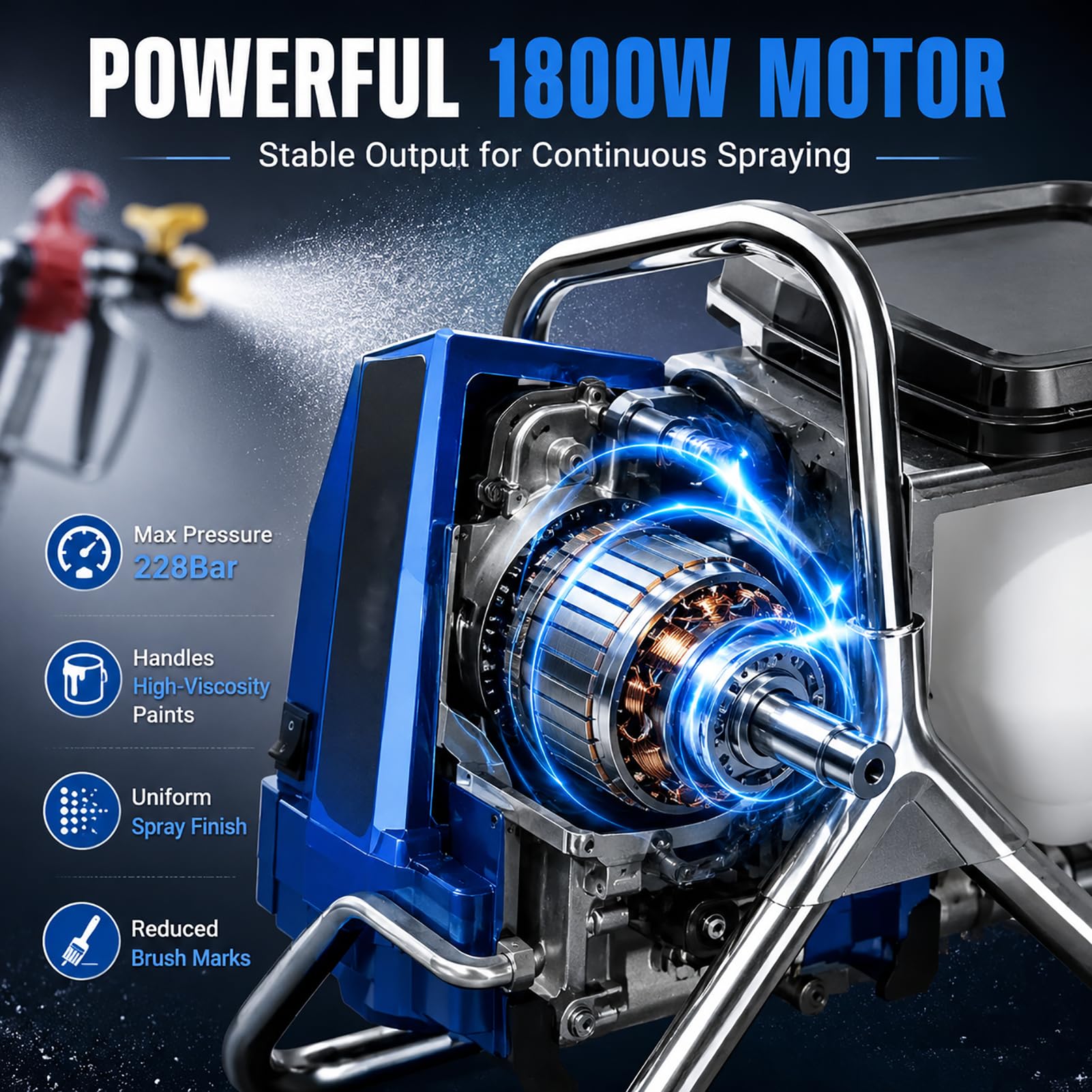 Spruzzatore Elettrico Airless 1800W, Macchina per Verniciatura a Pistola 2 L/Min, con Tubo 5m, Manometro e Ugello, per Vernici Acriliche e Primer, Uso Interno ed Esterno